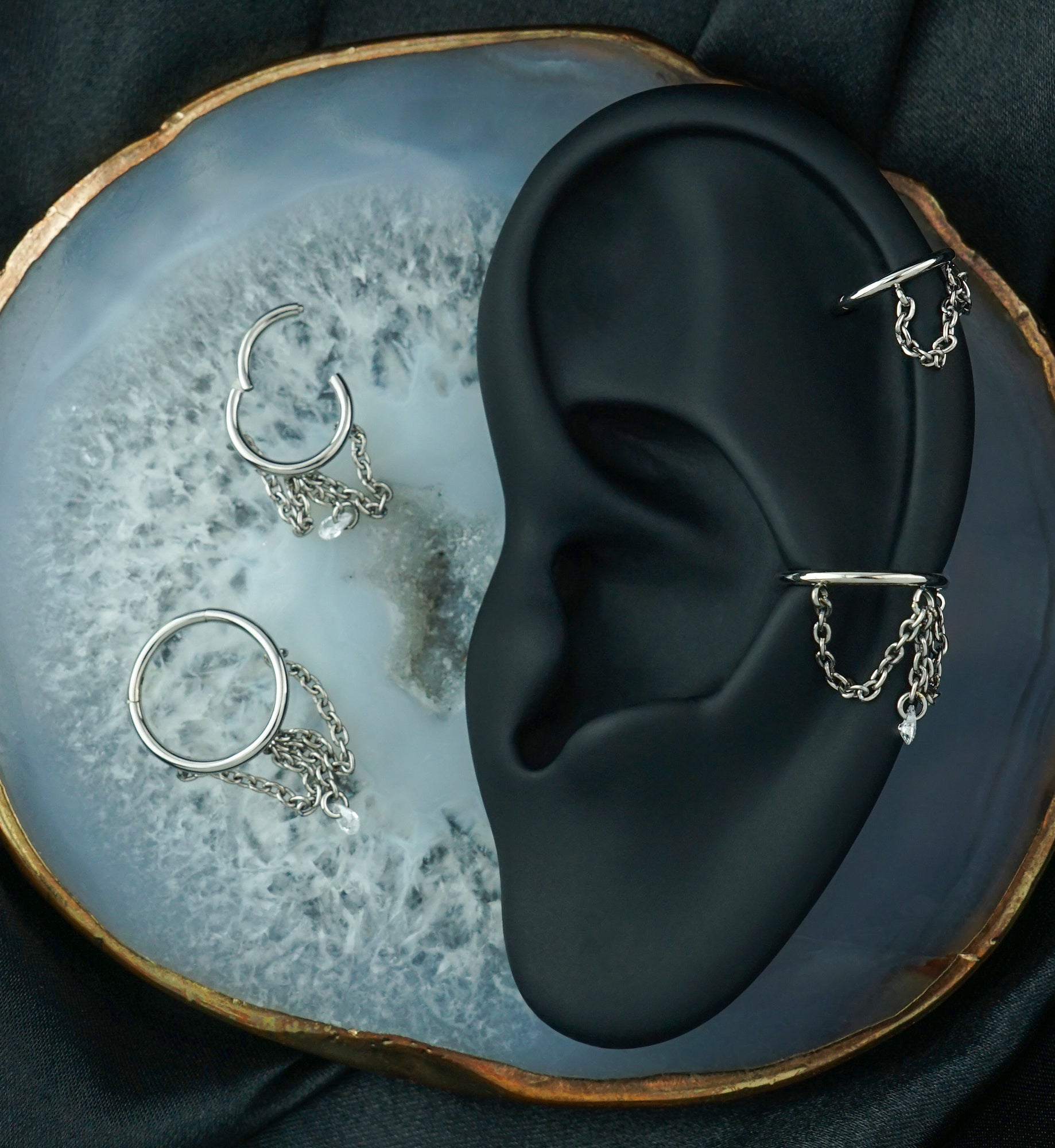 Draped Teardrop Clear CZ Dangle Chain Hinged Segment Ring