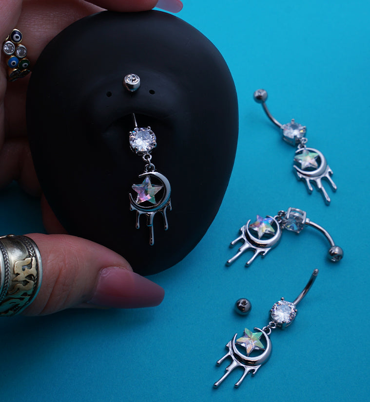 Dripping Half Moon Rainbow Aurora Star CZ Stainless Steel Belly Button Ring