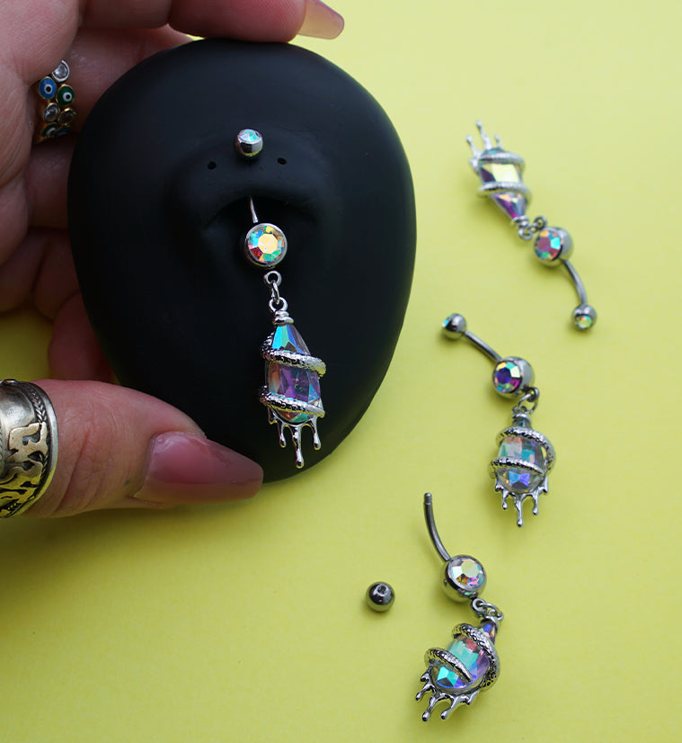 Dripping Snake Wrapped Rainbow Aurora CZ Stainless Steel Belly Button Ring