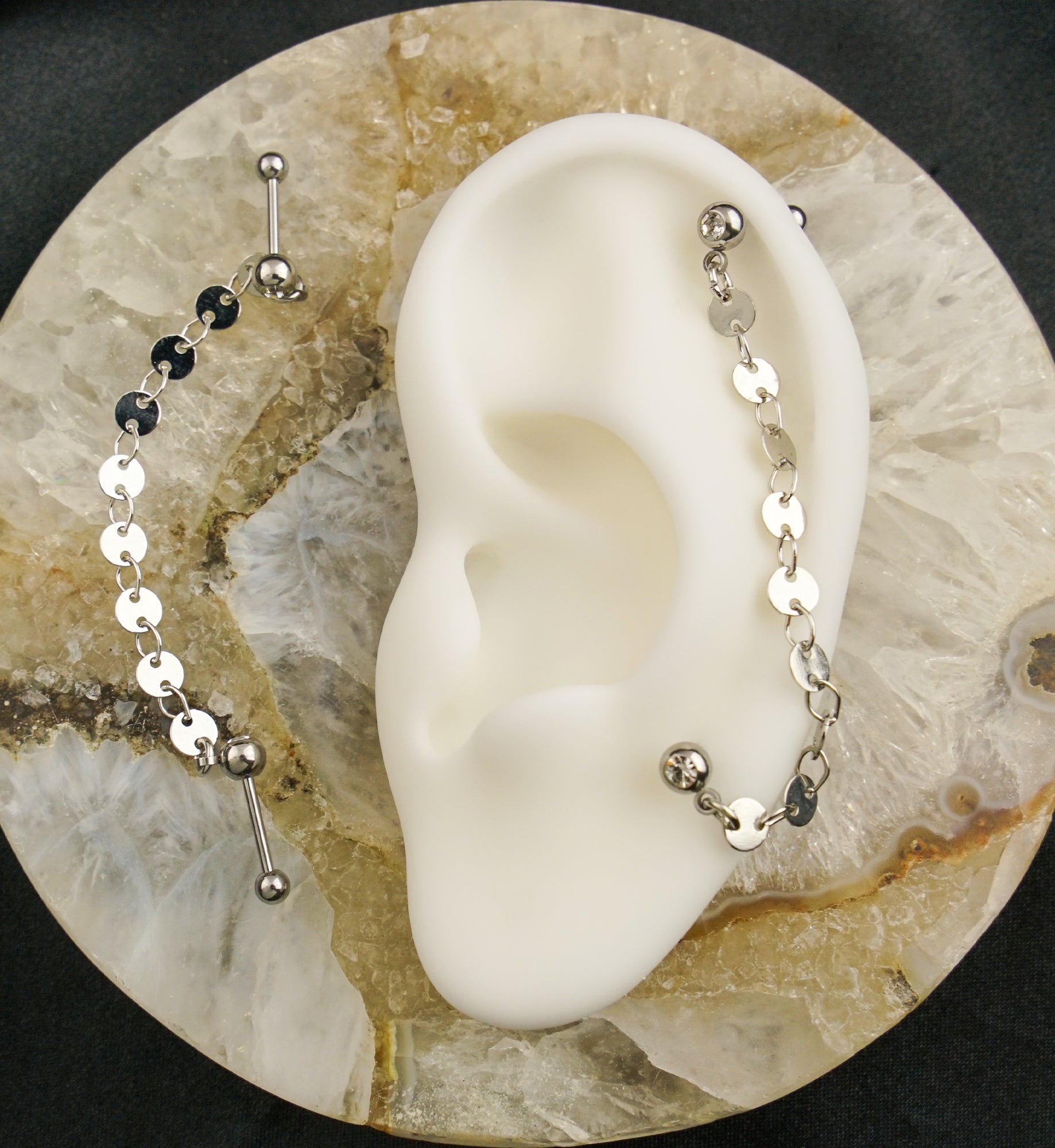 Dual Barbell Clear CZ Stainless Steel Flat Disk Link Piercing Chain