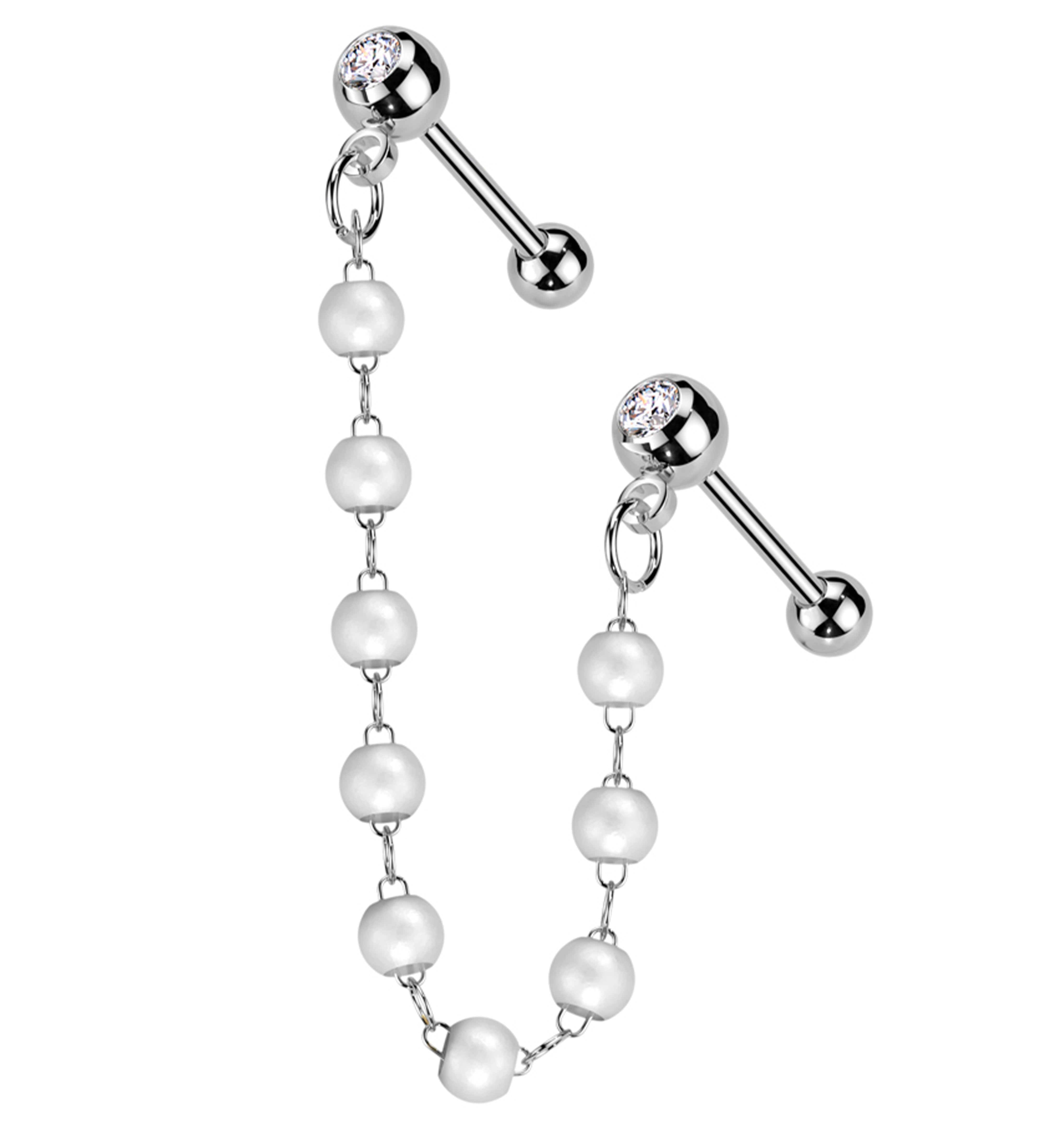 Dual Barbell Clear CZ Stainless Steel Pearl Piercing Chain