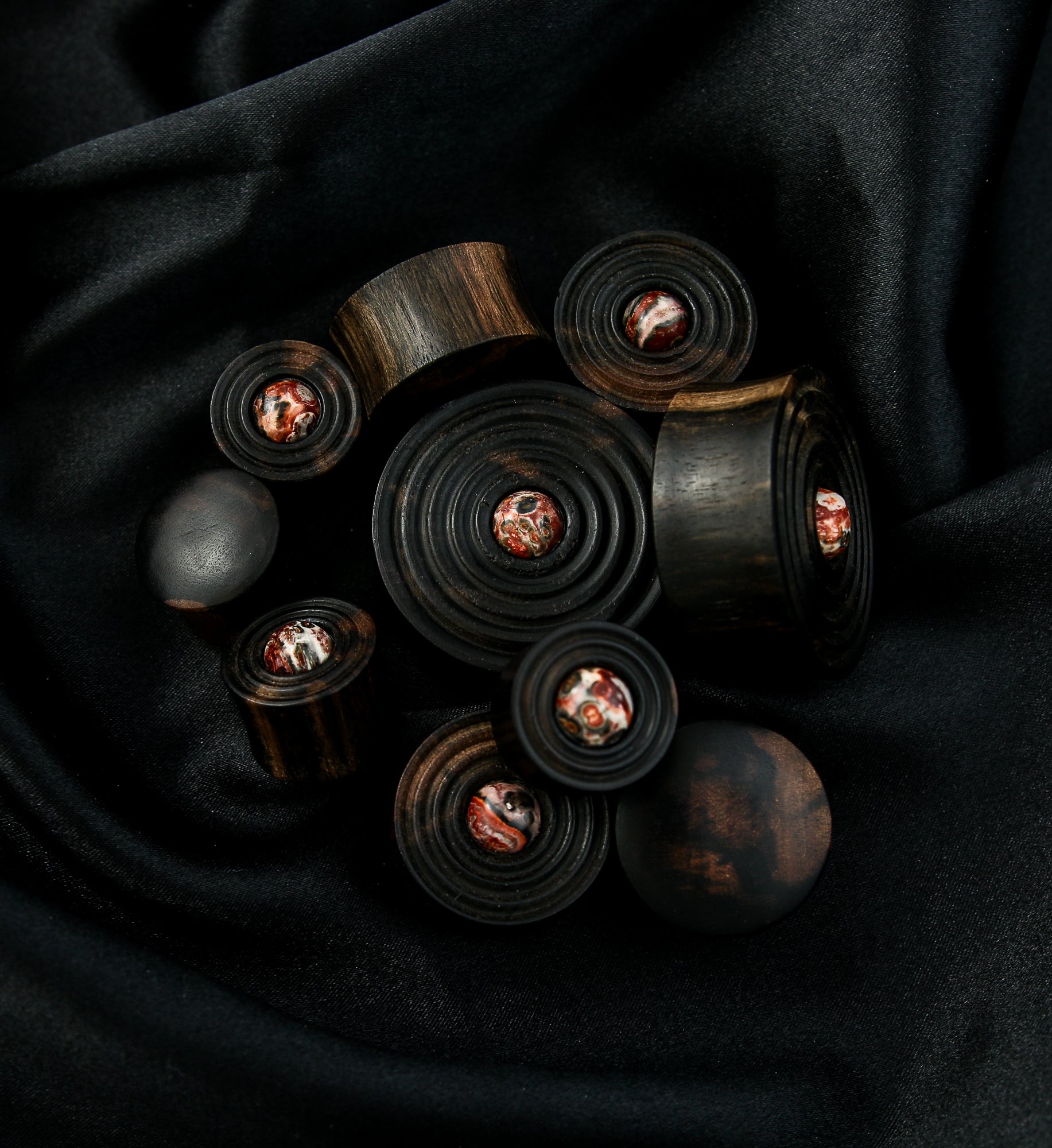 Ecliptic Areng Wood Plugs With Leopard Jasper Stone Inlay