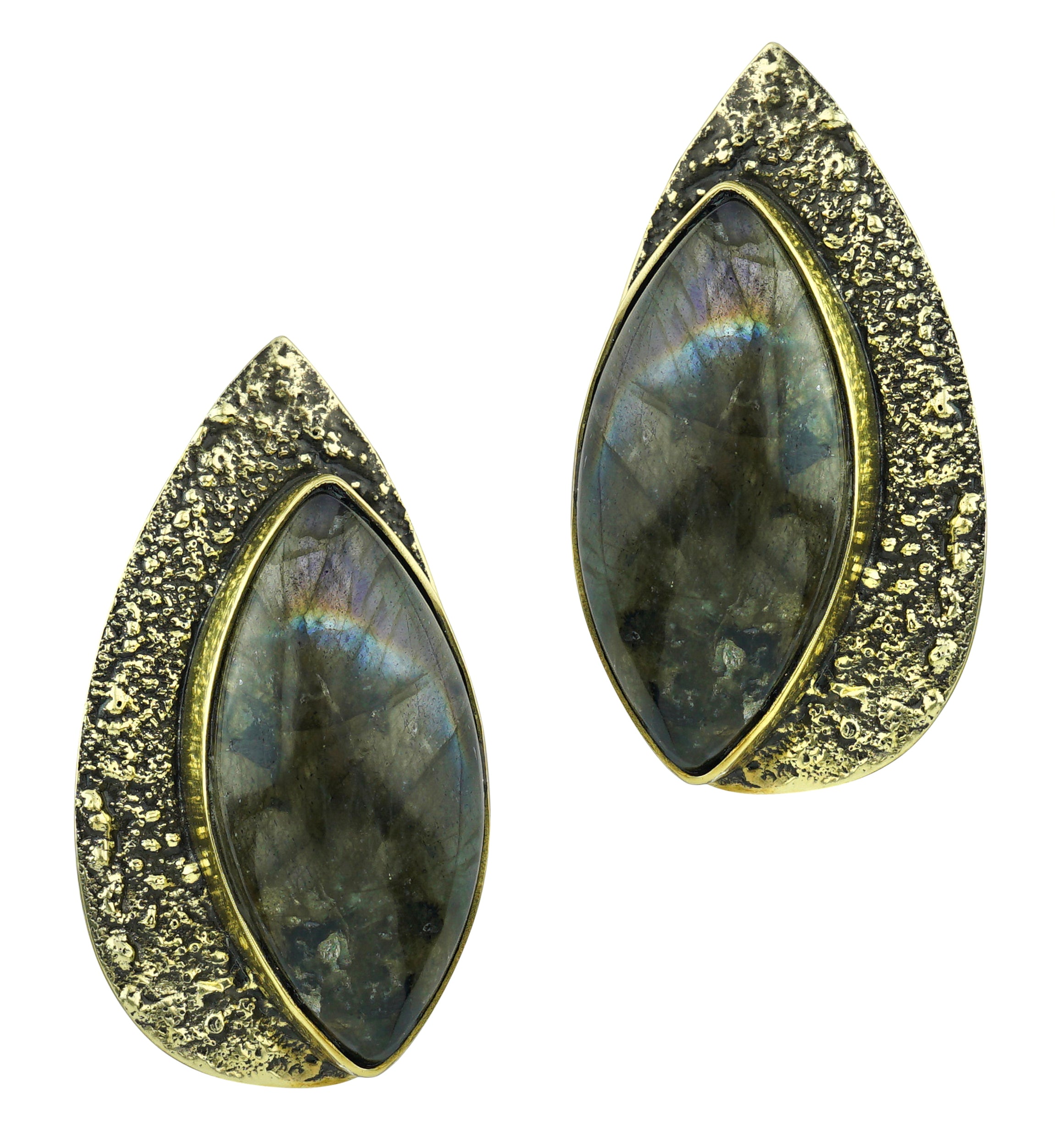 Ellipse Hammered Labradorite Stone Inlay Brass Earrings