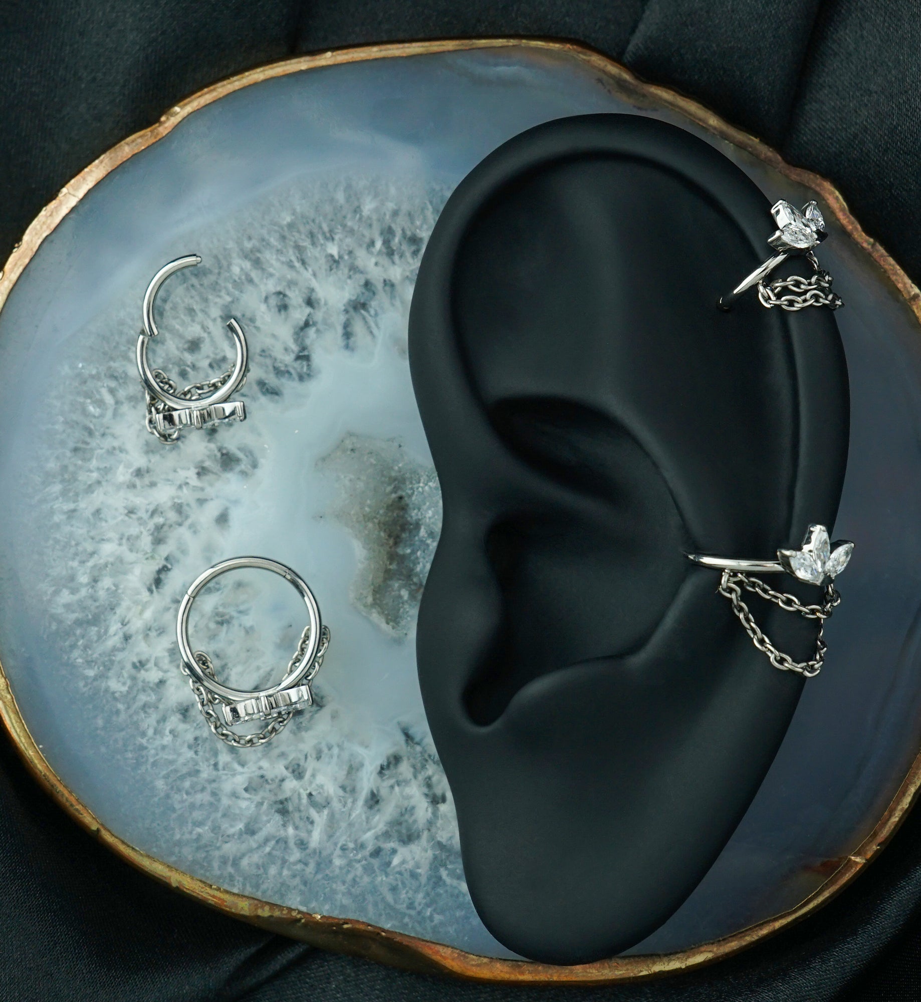 Empress Clear CZ Double Dangle Chain Hinged Segment Ring