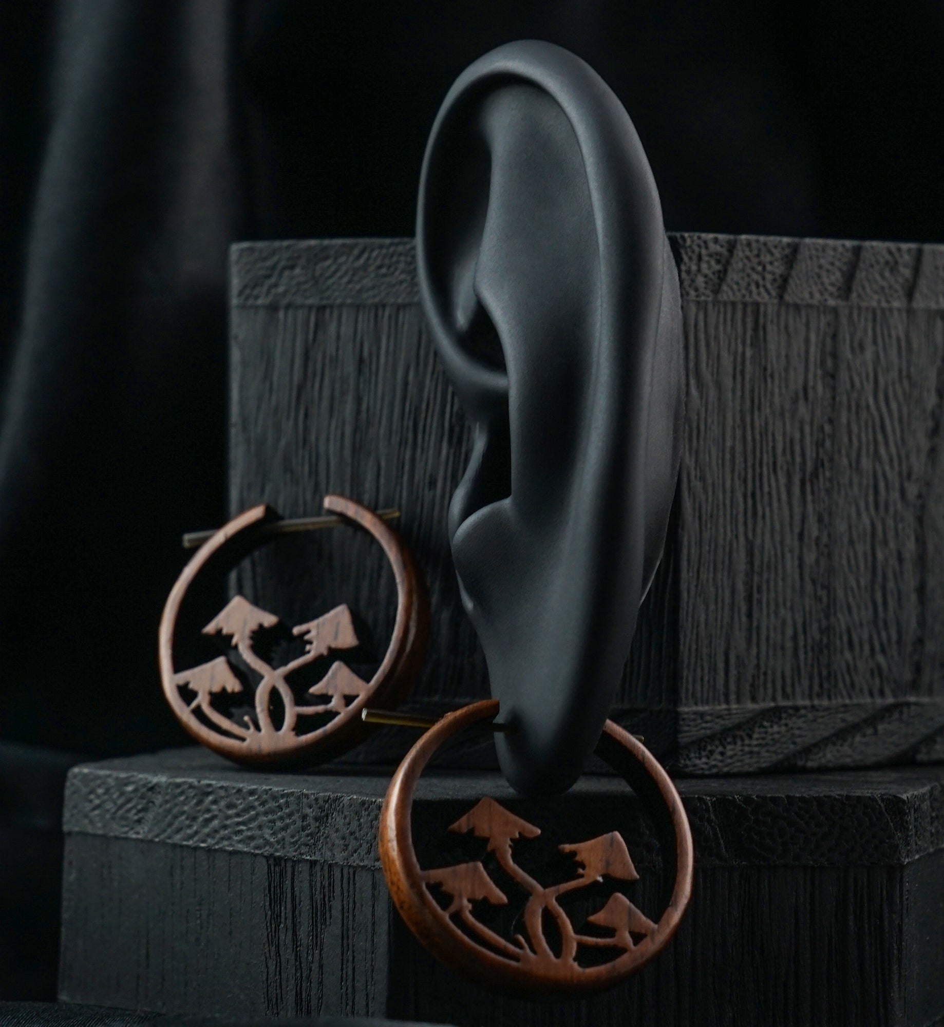 Entwined Mushrooms Hoop Narra Wood Earrings