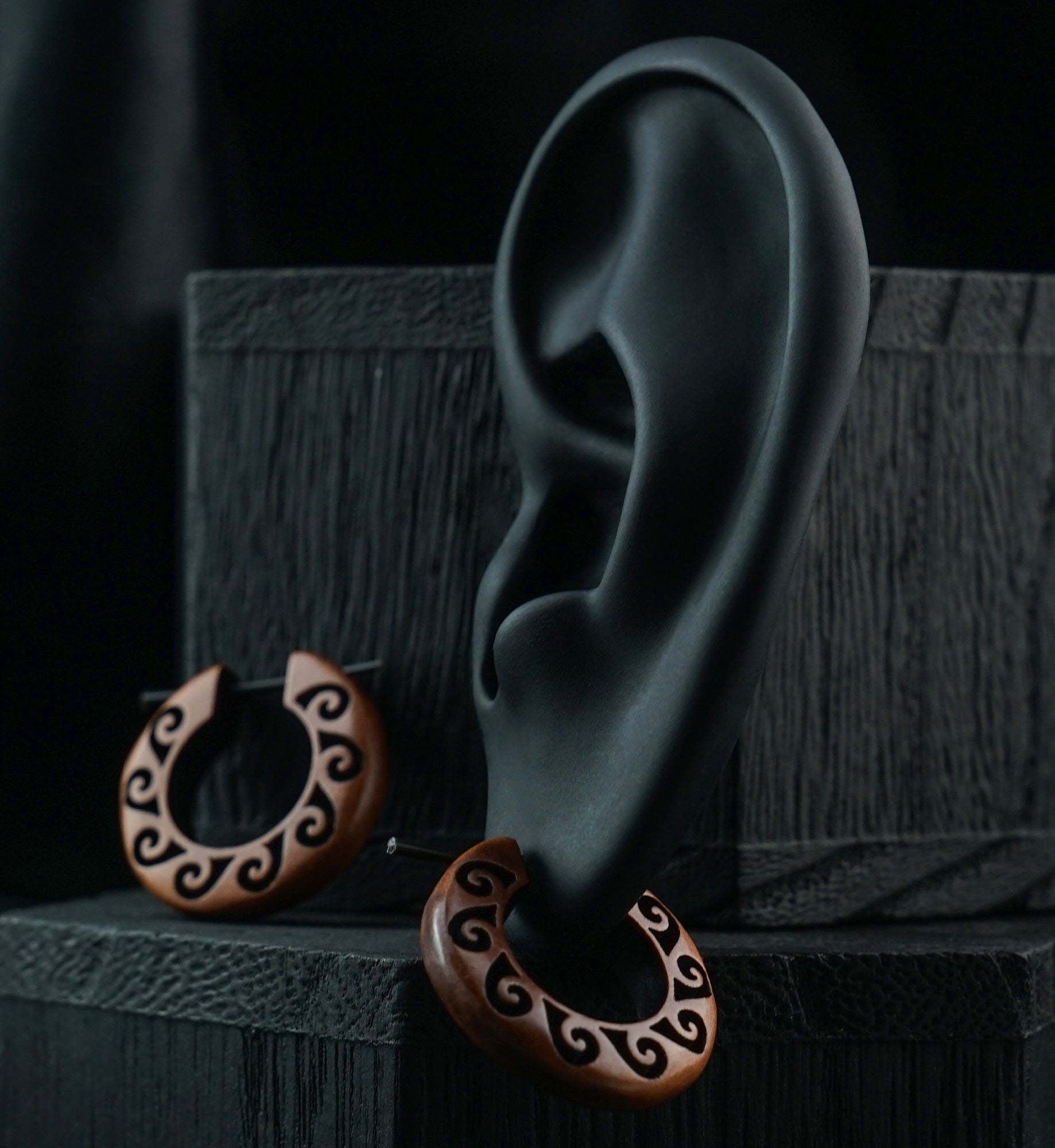 Etched Wave Hoop Sawo Wood Earrings