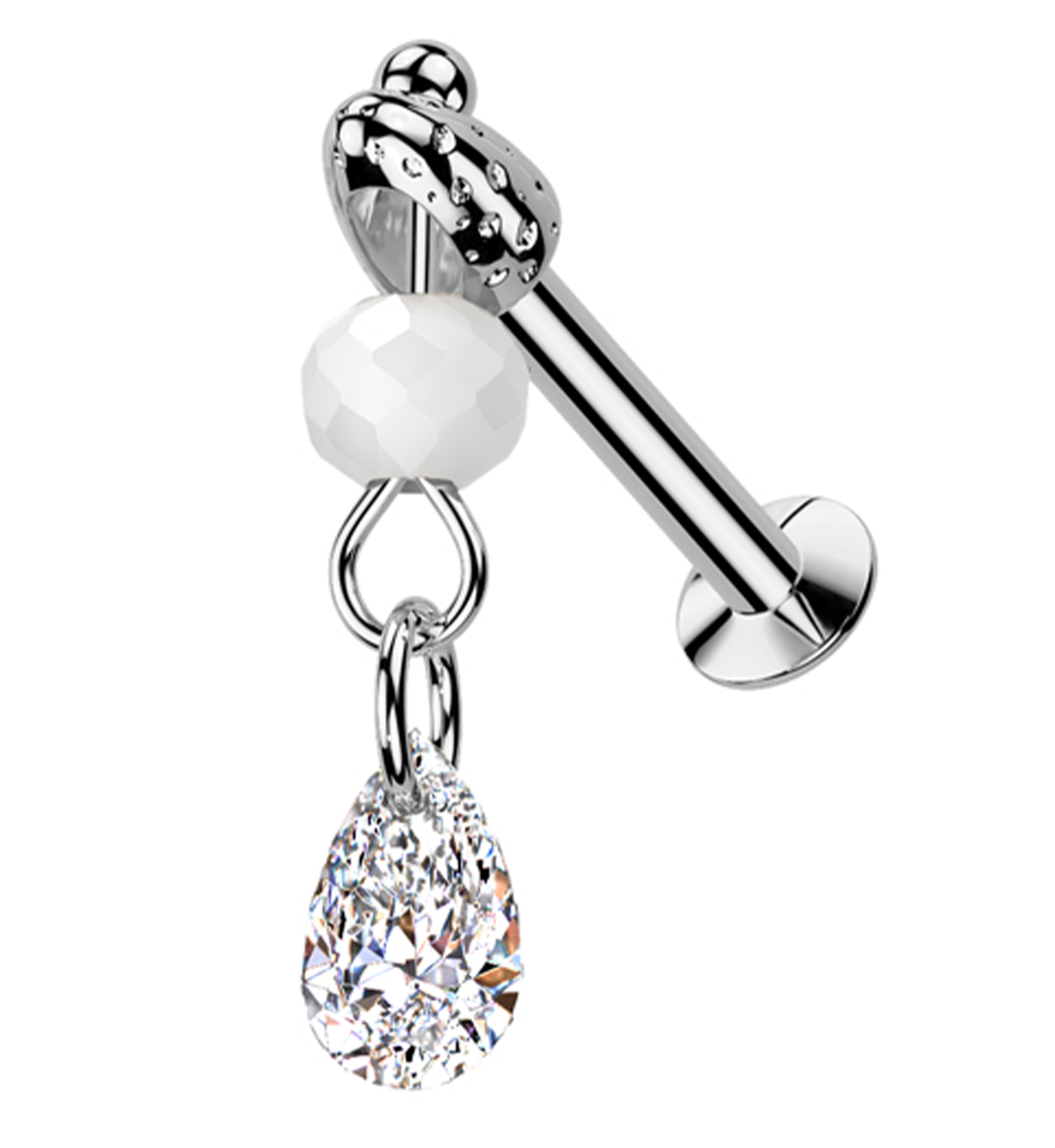 Faceted Bead Teardrop CZ Dangle Stainless Steel Convex Back Threadless Labret