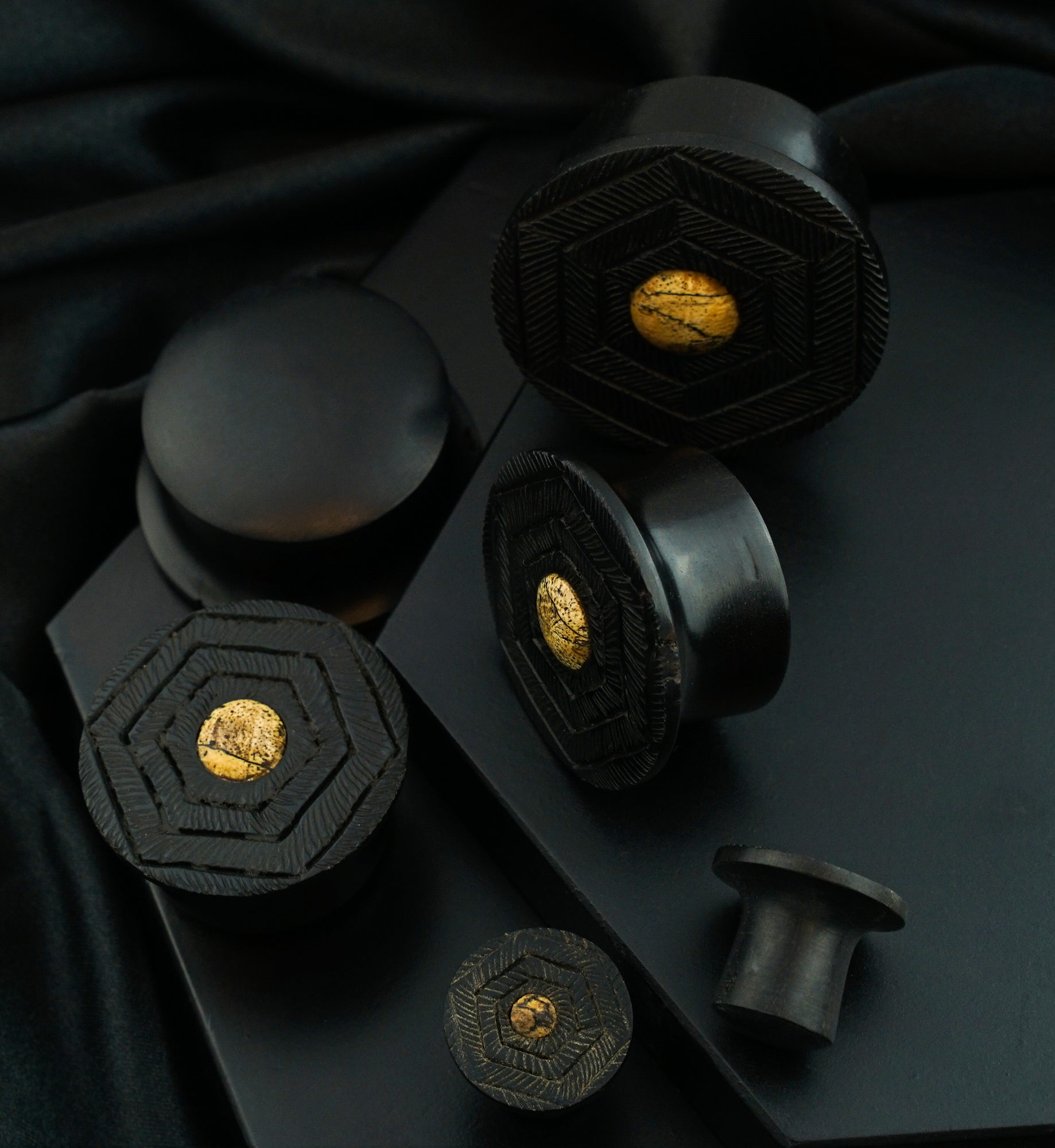 Feathered Geo Areng Wood With Tamarind Wood Inlay Mayan Flare Plugs