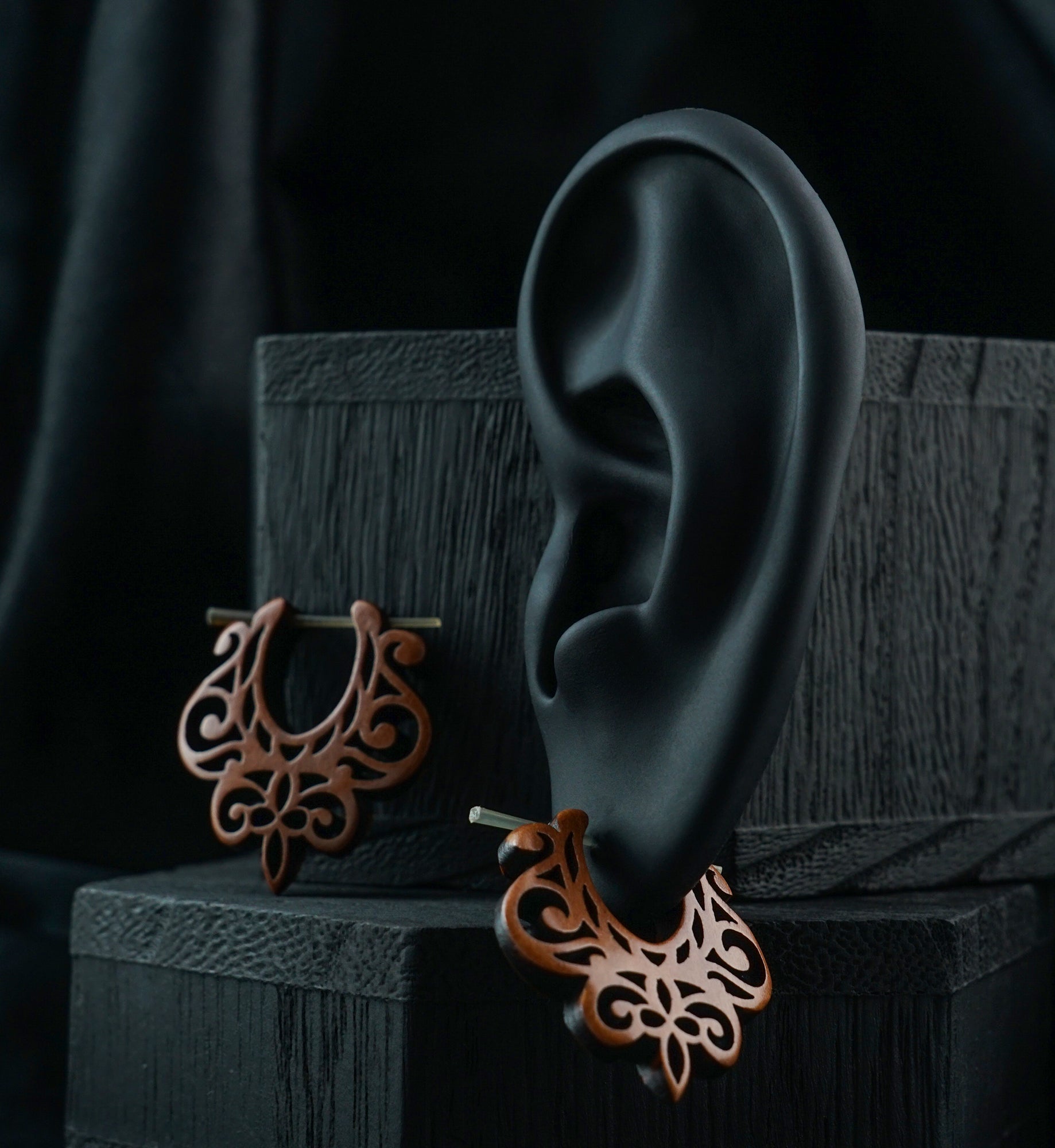 Filigree Hoop Sawo Wood Earrings