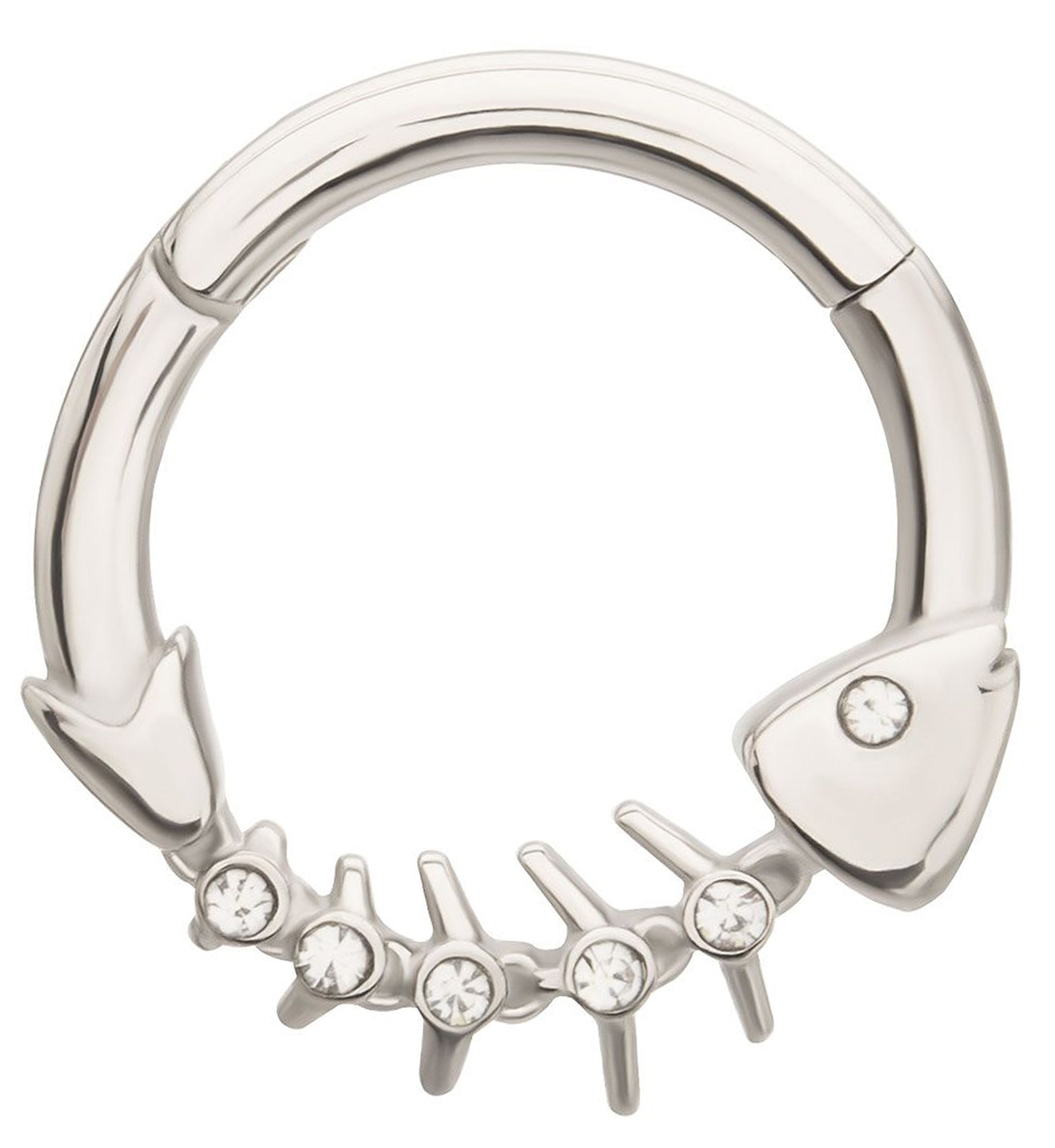 Fishbone Clear CZ Stainless Steel Hinged Segment Ring