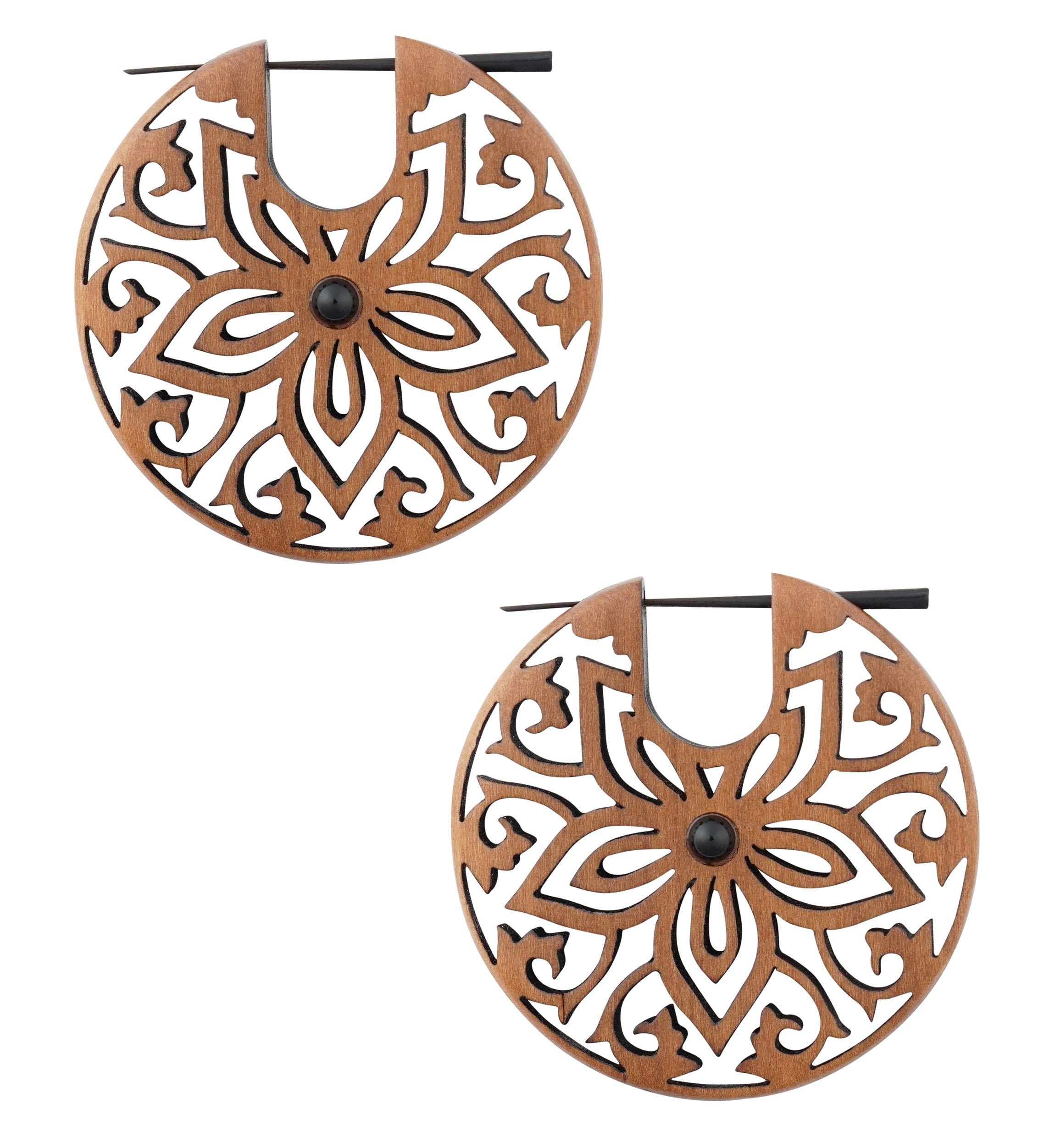 Floral Black Onyx Inlay Narra Wood Earrings