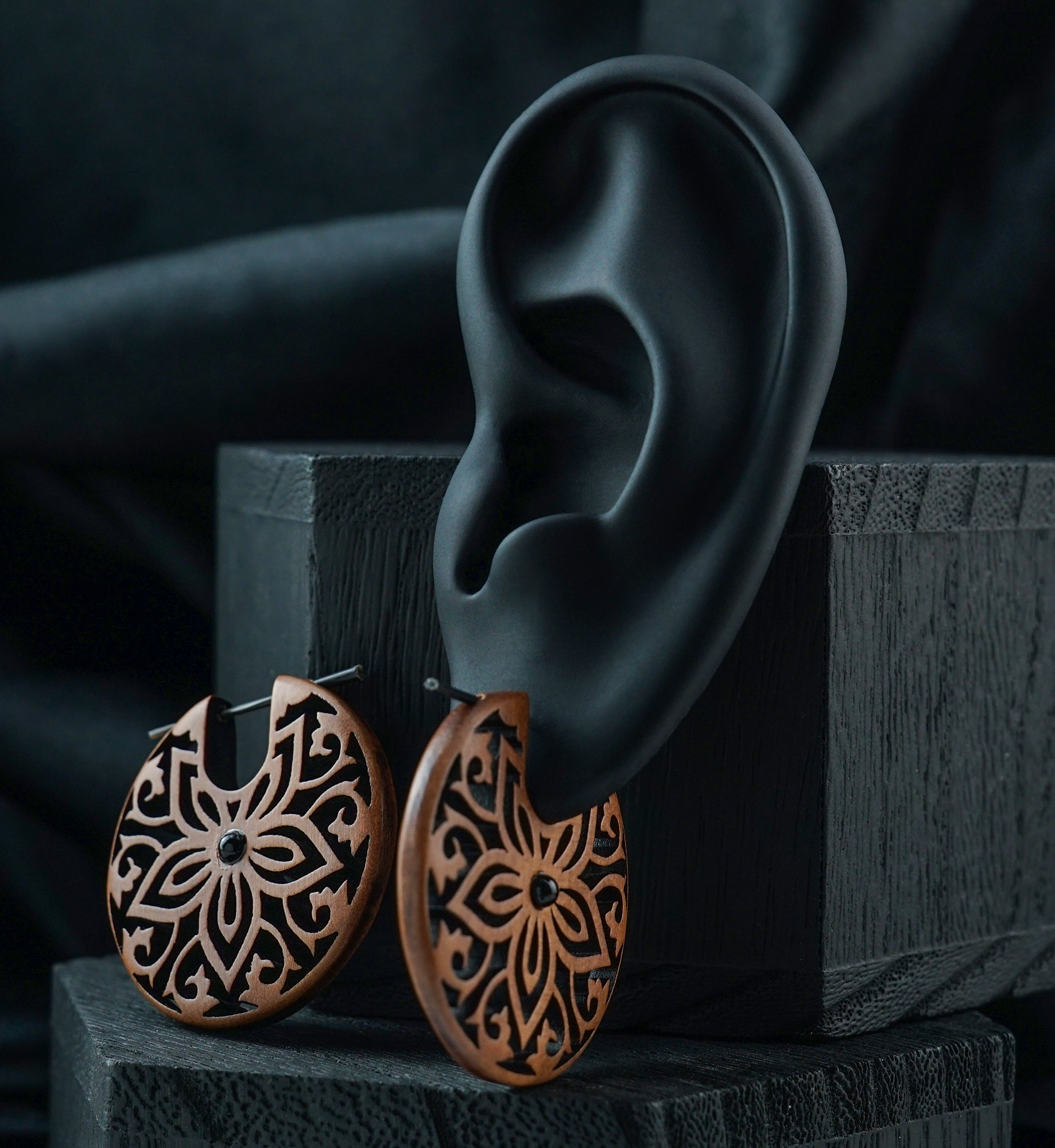 Floral Black Onyx Inlay Narra Wood Earrings
