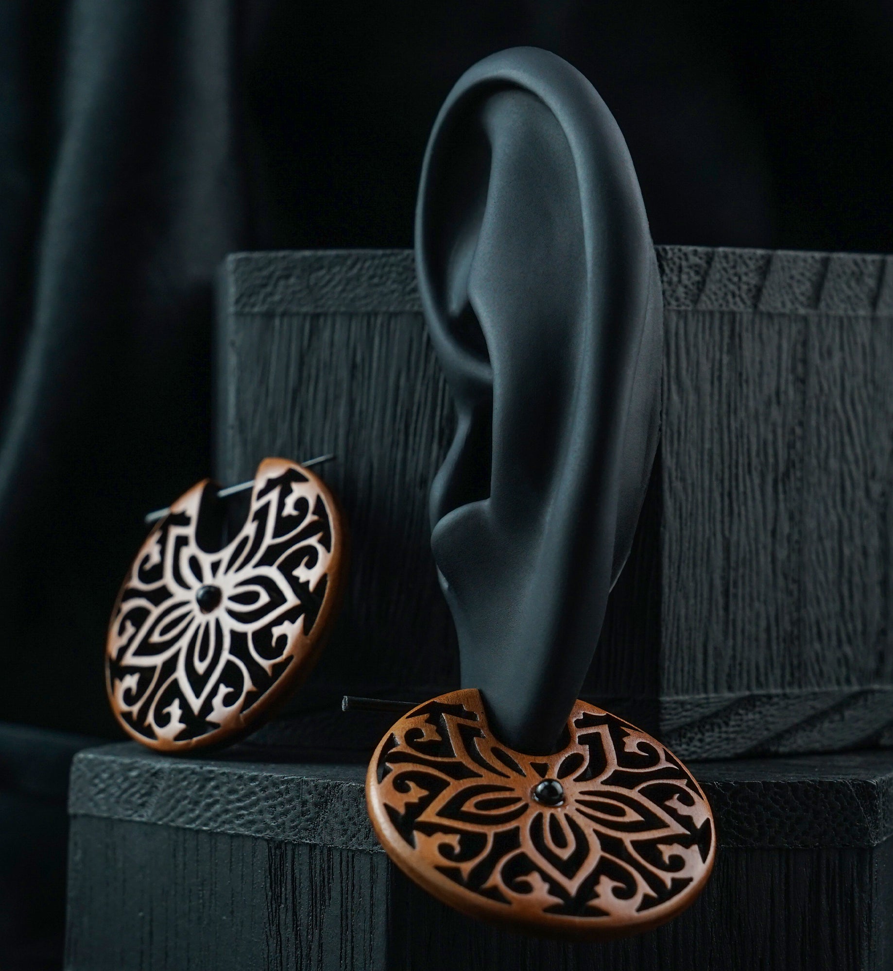 Floral Black Onyx Inlay Narra Wood Earrings