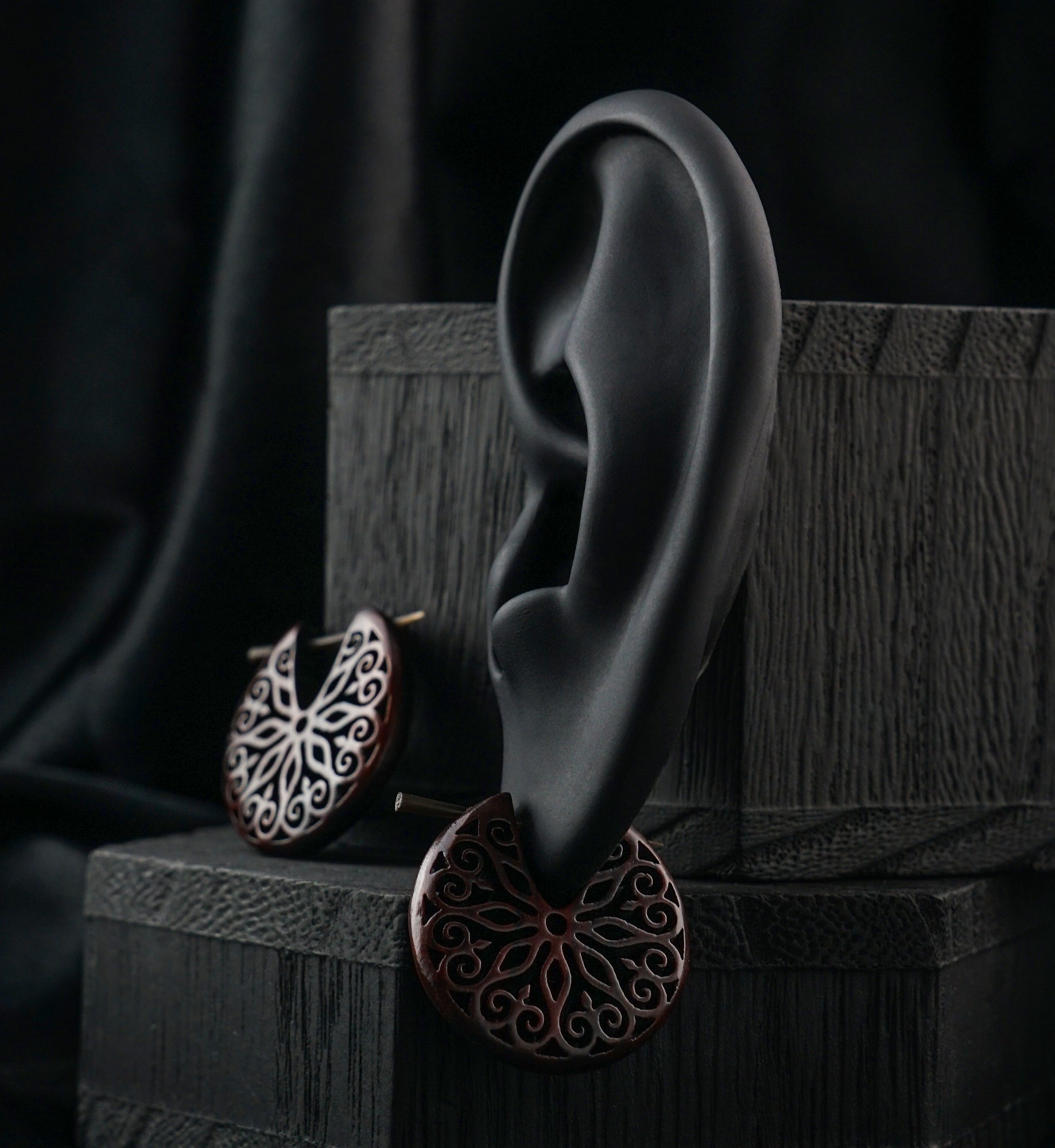 Floral Filigree Hoop Narra Wood Earrings