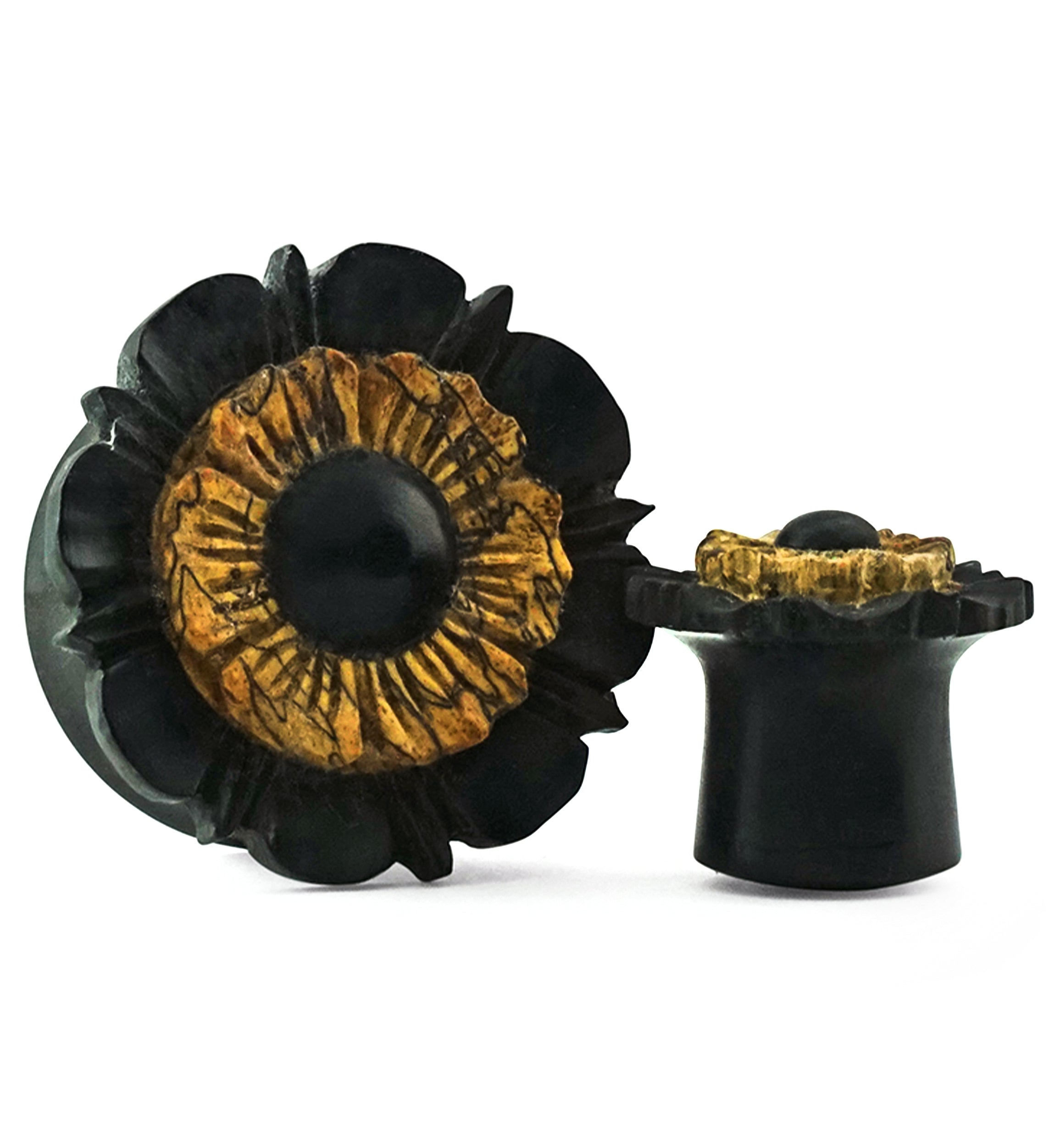 Floral Mayan Flare Areng Wood Plugs with Tamarind Wood Inner Ring