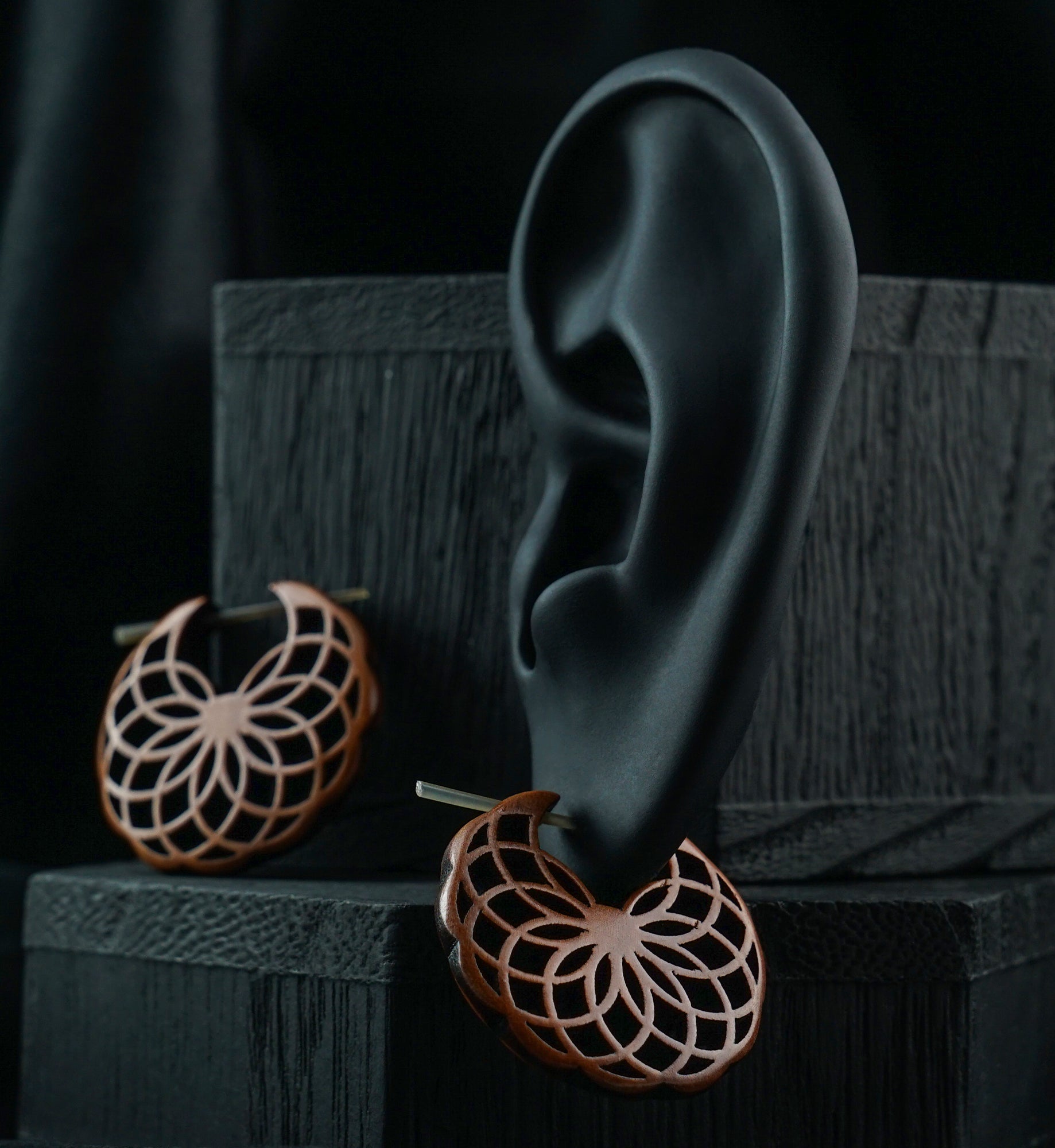 Floral Torus Hoop Sawo Wood Earrings