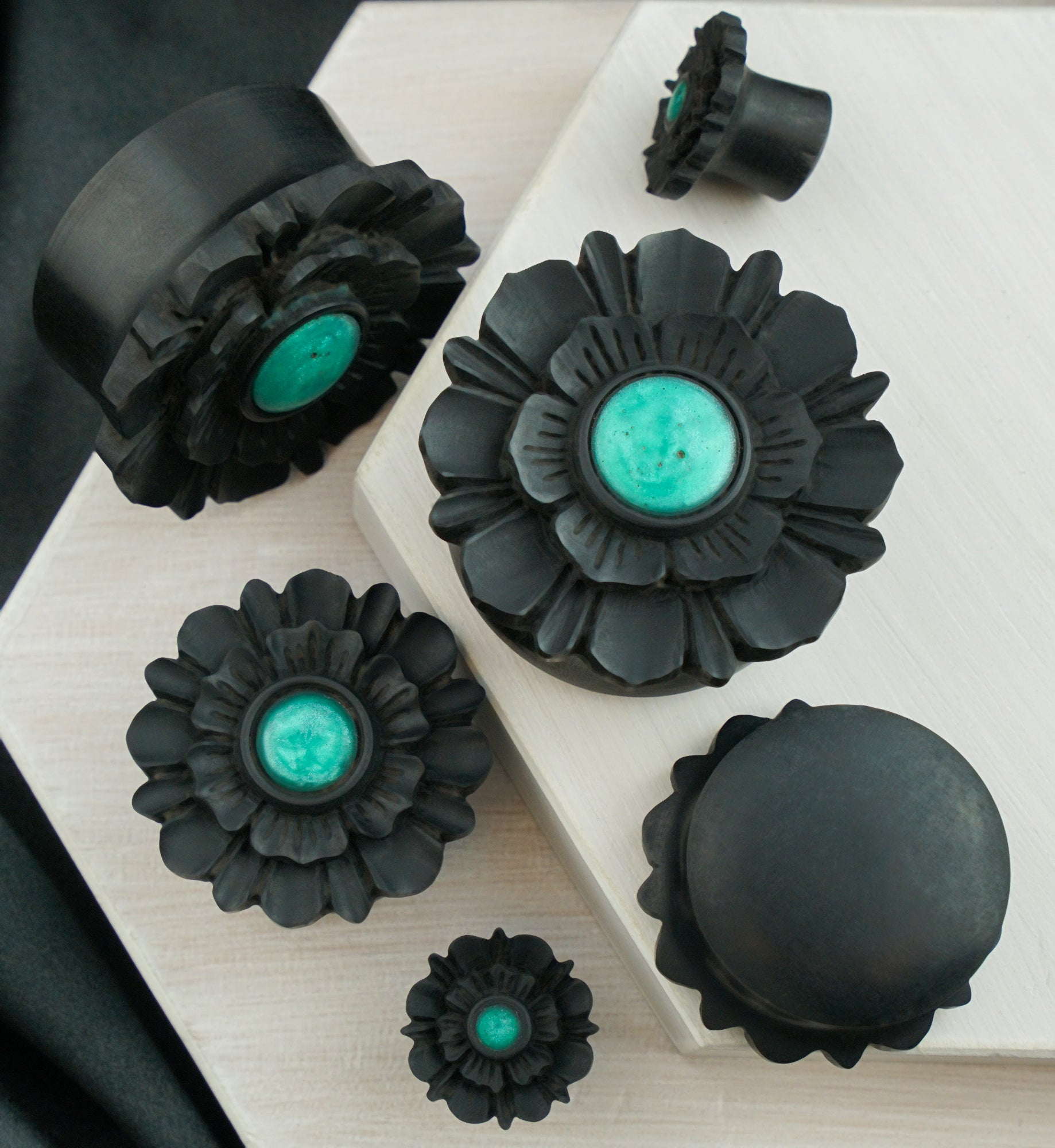 Flower Areng Wood With Blue/Green Resin Inlay Mayan Flare Plugs