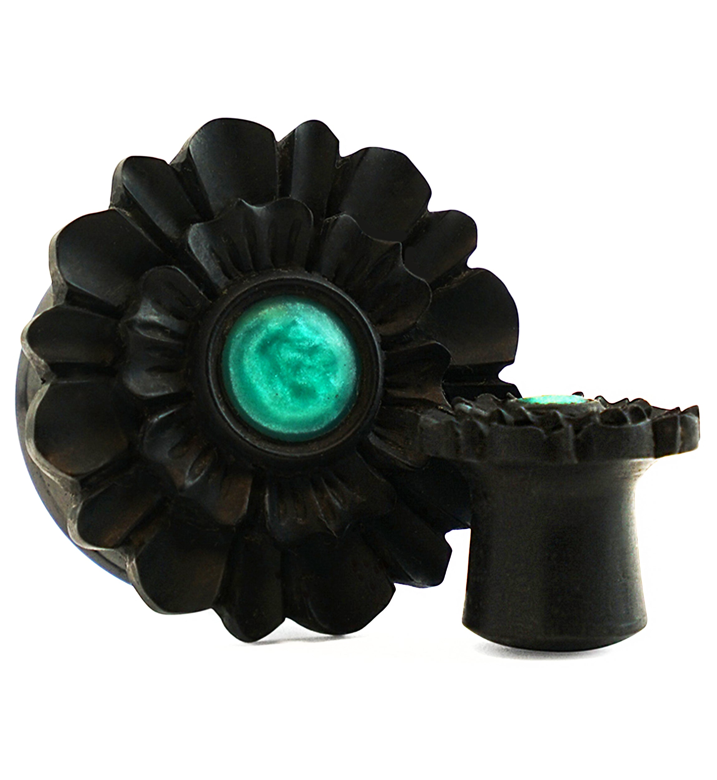 Flower Areng Wood With Blue/Green Resin Inlay Mayan Flare Plugs
