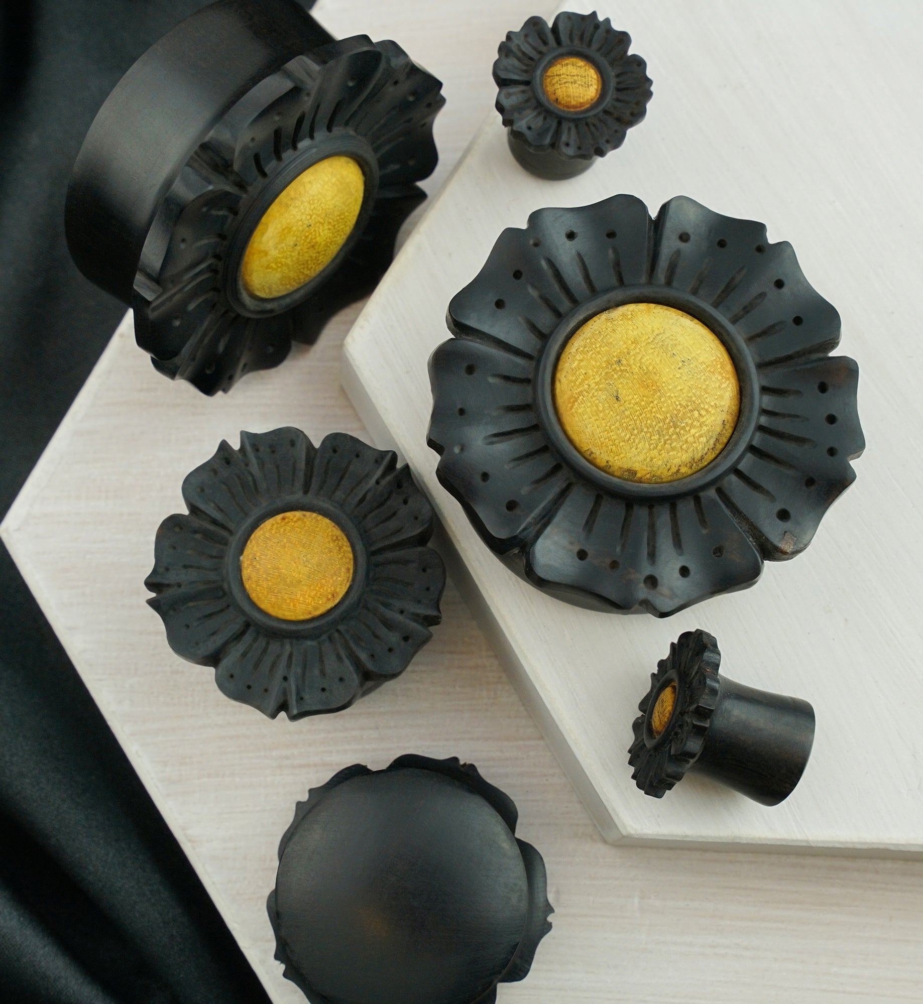 Flower Areng Wood With Yellow Wood Inlay Mayan Flare Plugs