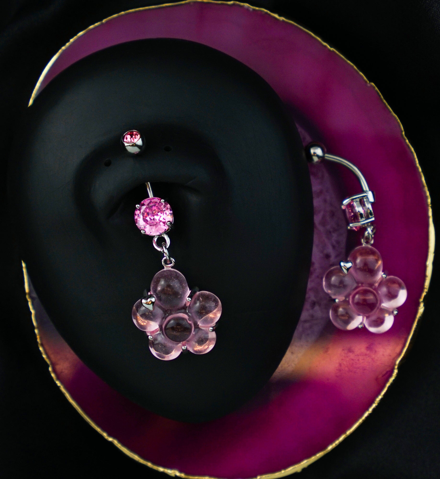 Flower Pressed Fit Pink CZ Dangle Stainless Steel Belly Button Ring