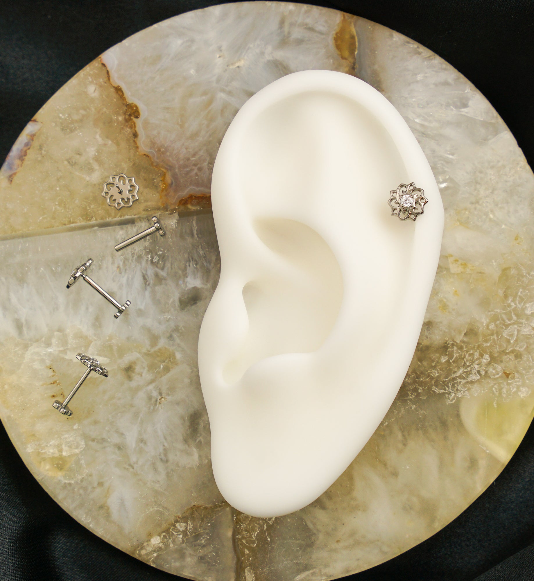 Flower Whimsy Clear CZ Threadless Titanium Flower Back Labret