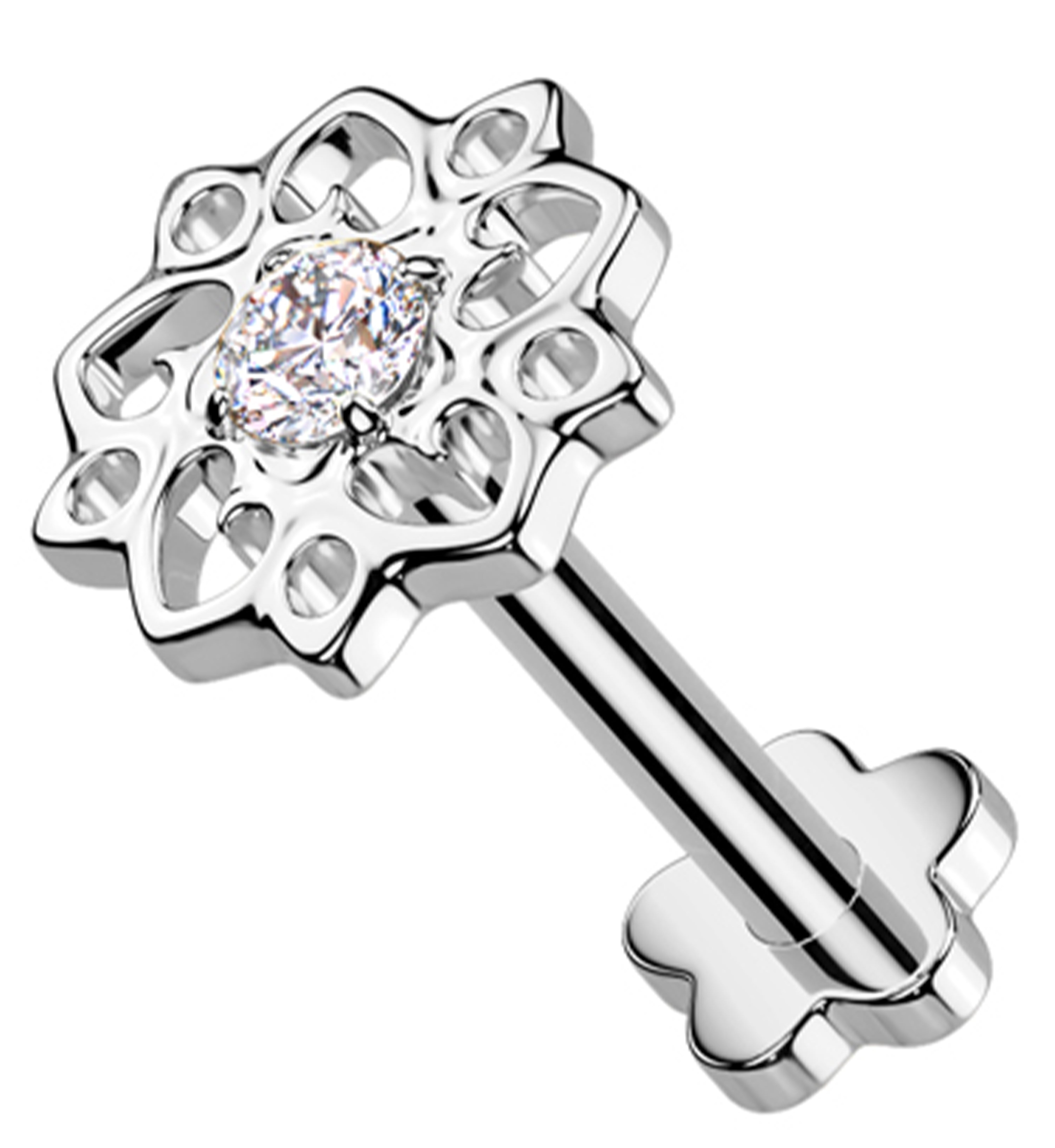 Flower Whimsy Clear CZ Threadless Titanium Flower Back Labret