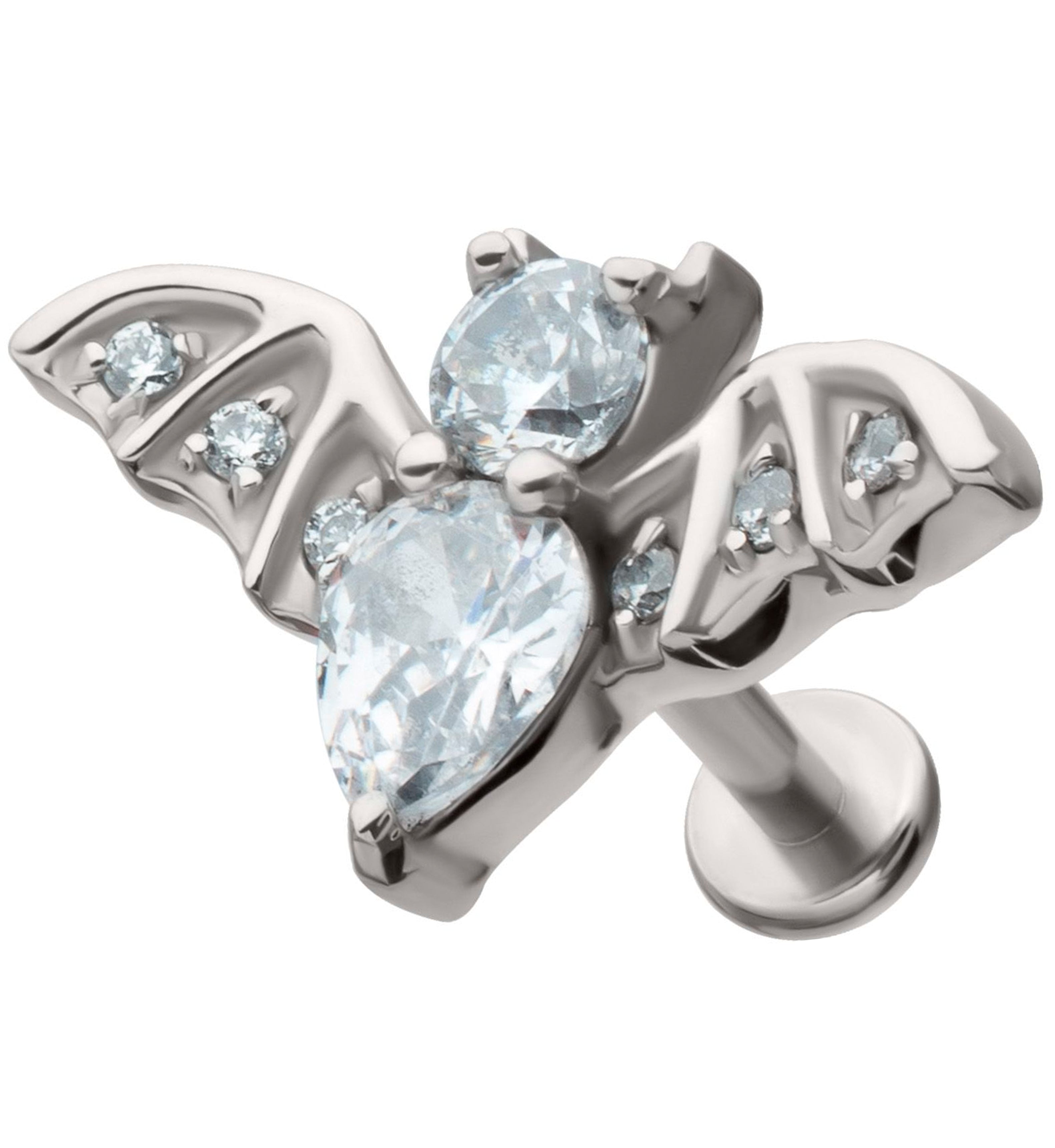 Flying Bat Clear CZ Stainless Steel Internally Threaded Labret