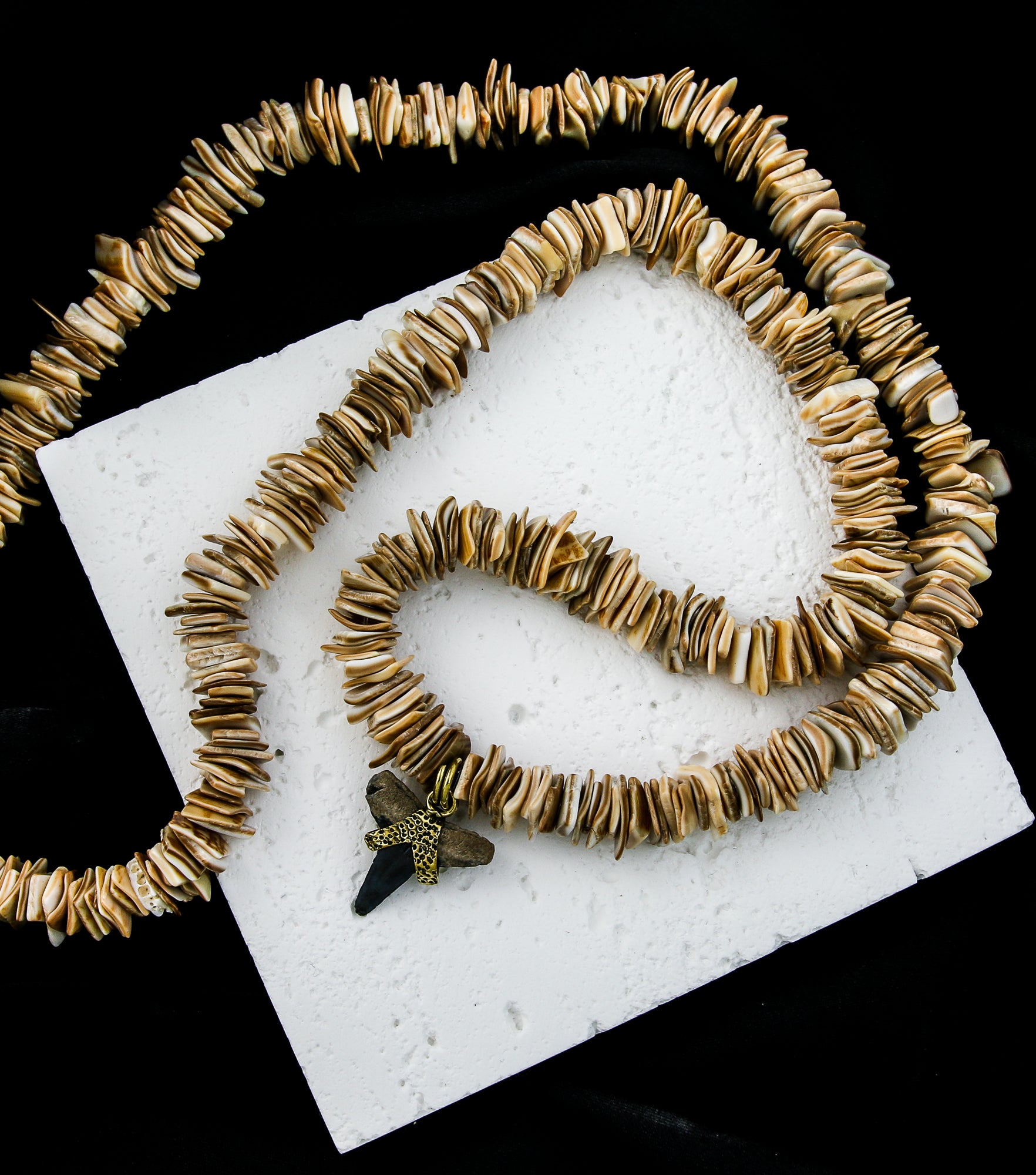 Brass Fossilized Shark Tooth Flat Seashell Necklace