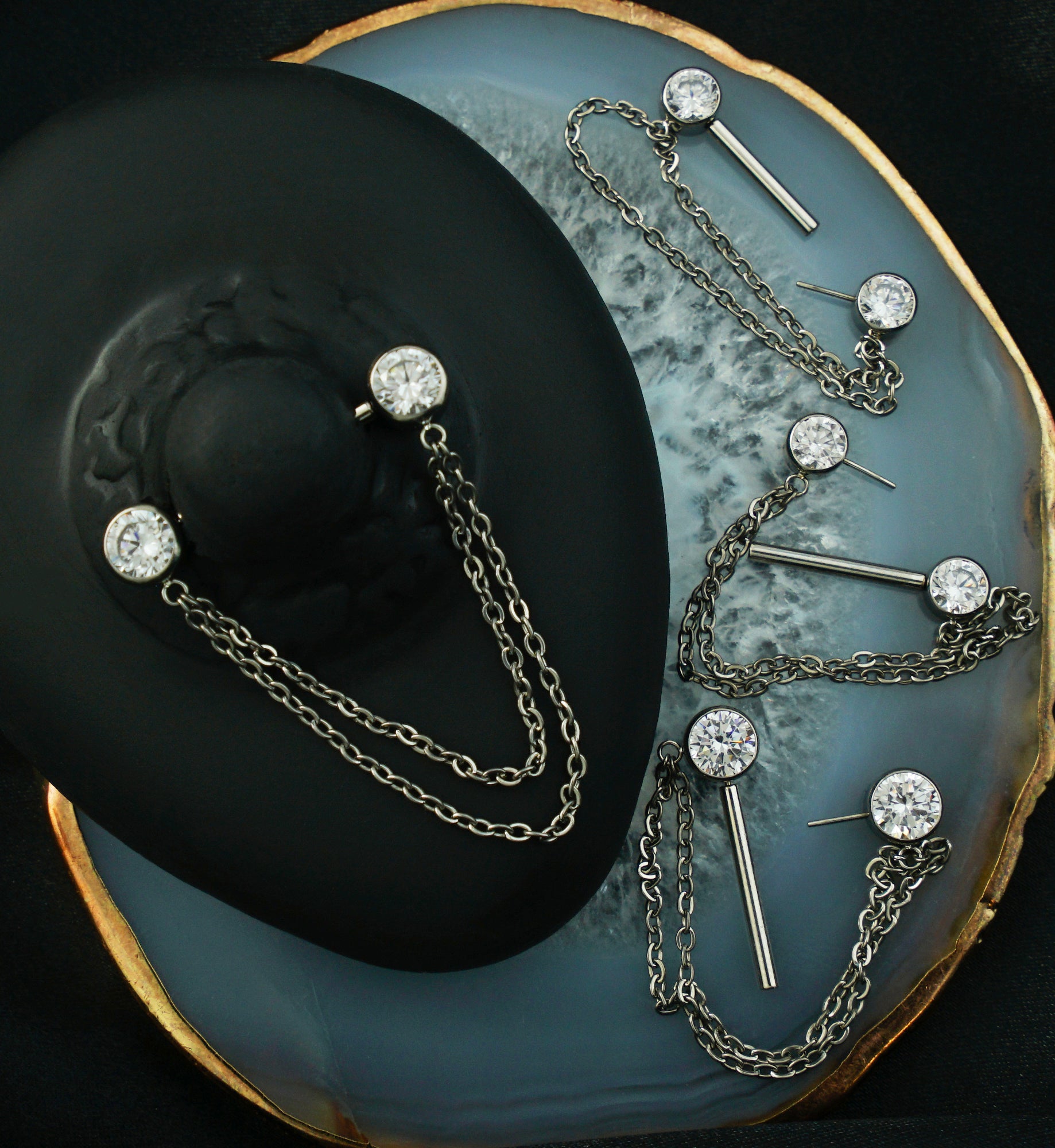 Front Facing Clear CZ Double Dangle Threadless Titanium Nipple Barbell