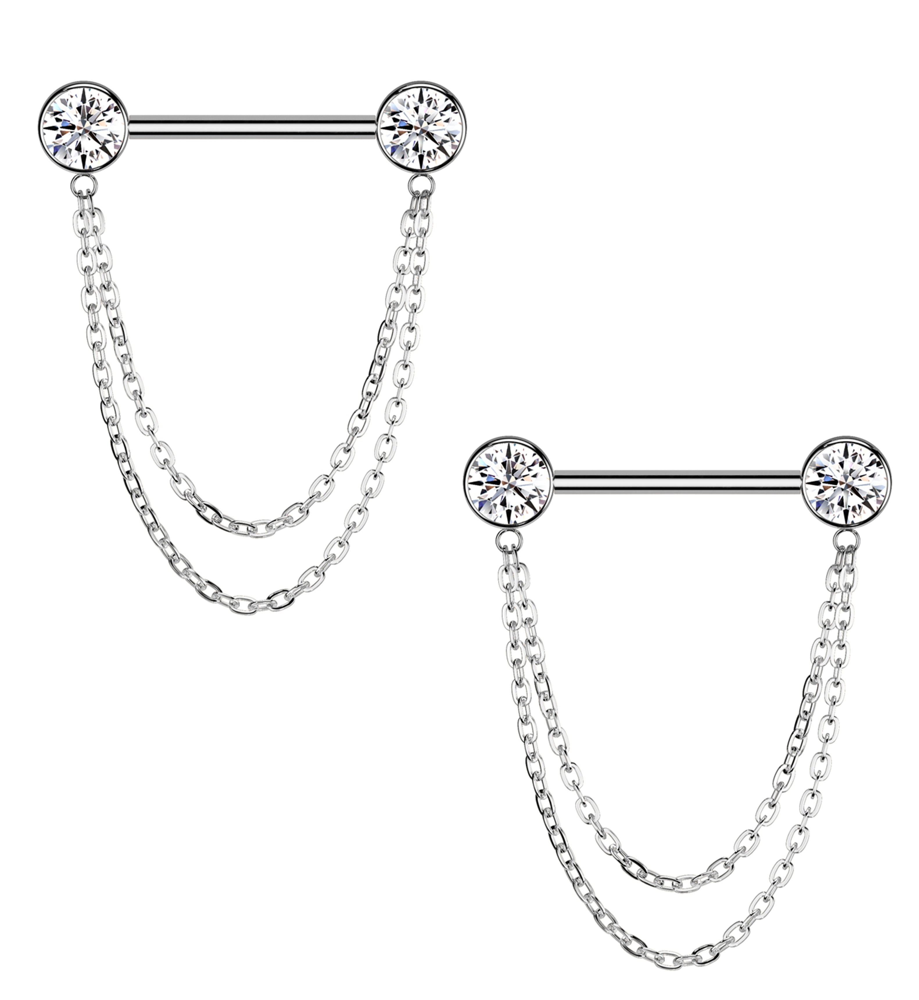 Front Facing Clear CZ Double Dangle Threadless Titanium Nipple Barbell