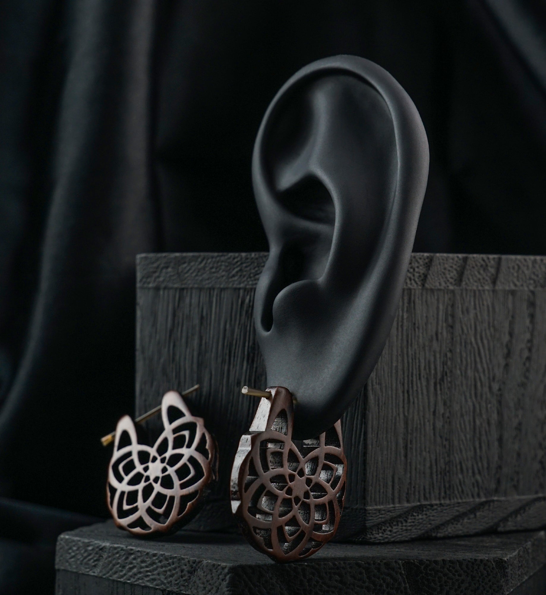 Geo Flower Hoop Narra Wood Earrings