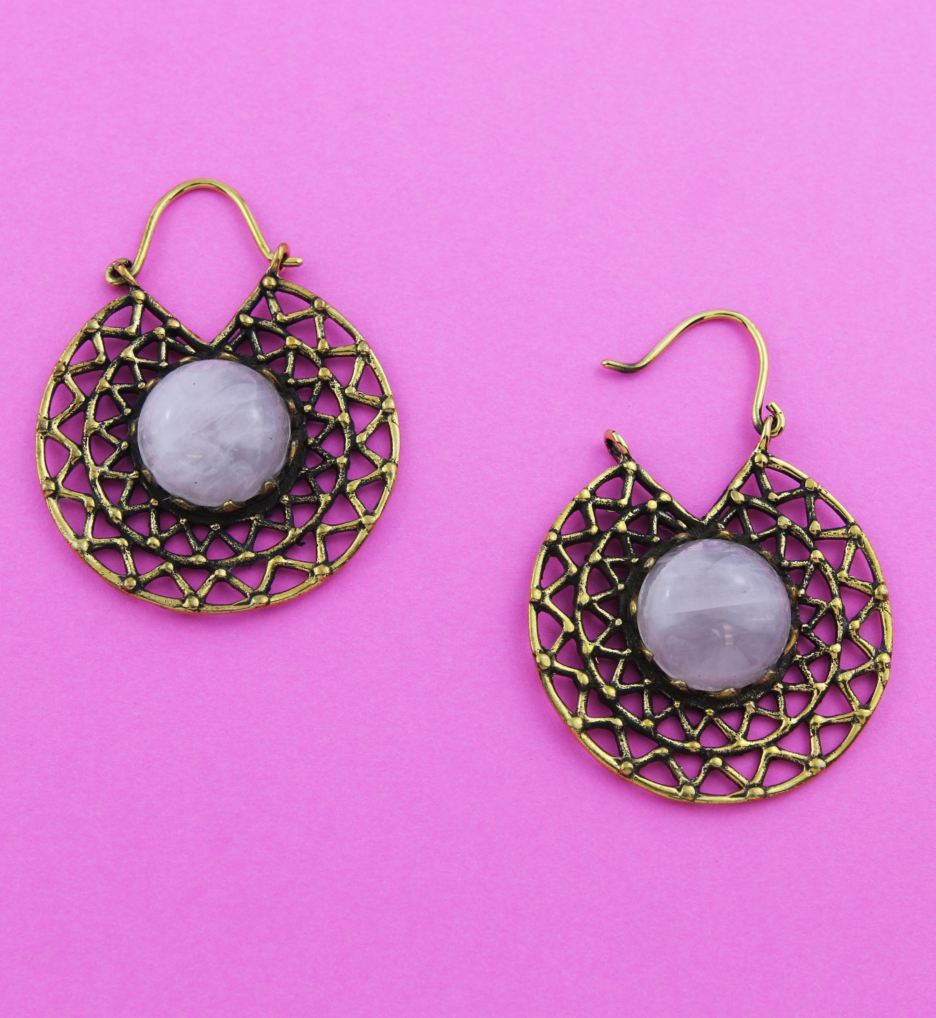Geo Mandala Rose Quartz Inlay Brass Earrings/Hangers