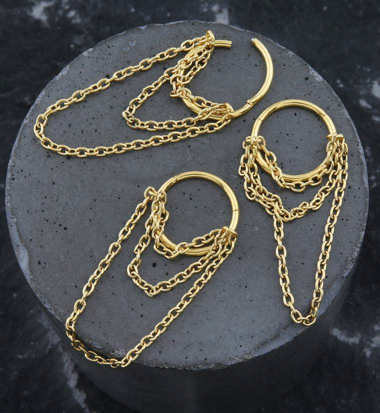 Gold PVD Abaft Triple Dangle Chain Stainless Steel Hinged Segment Ring