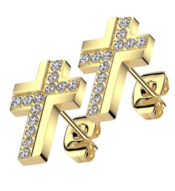Gold PVD Abstract Cross Clear CZ Stainless Steel Stud Earrings