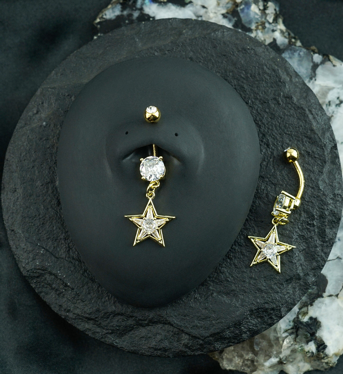 Gold PVD All Star CZ Dangle Stainless Steel Externally Threaded Belly Button Ring