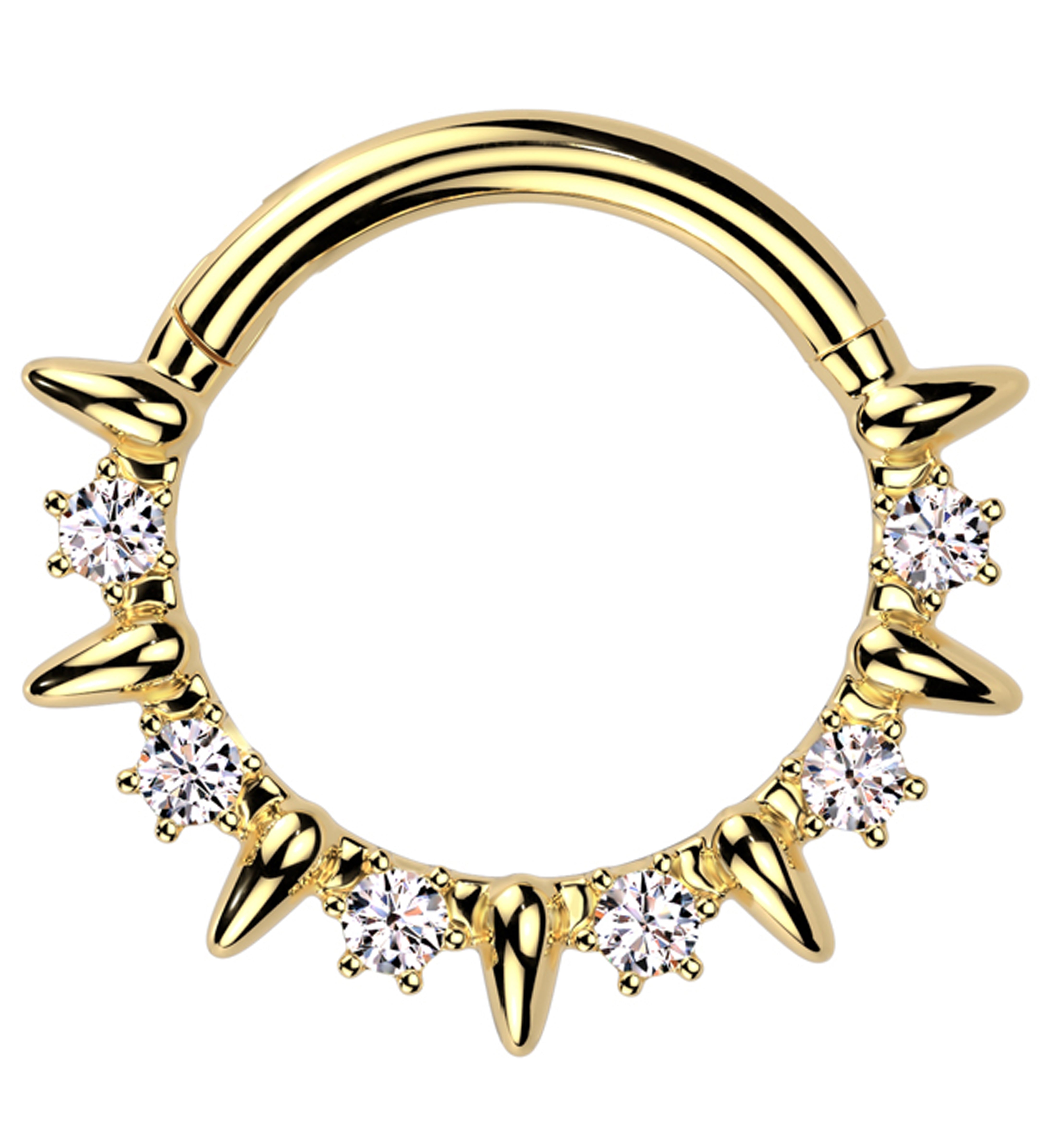 Gold PVD Alternate Spikes Clear CZ Stainless Steel Hinged Segment Ring