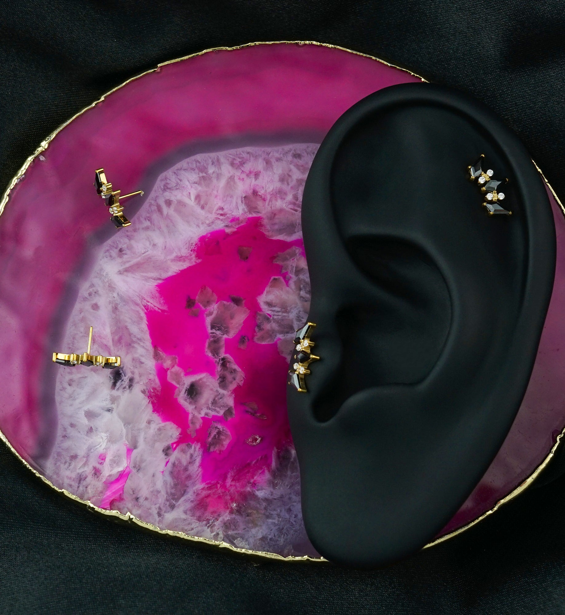 Gold PVD Alternate Triple Tetra Black CZ Titanium Threadless Top