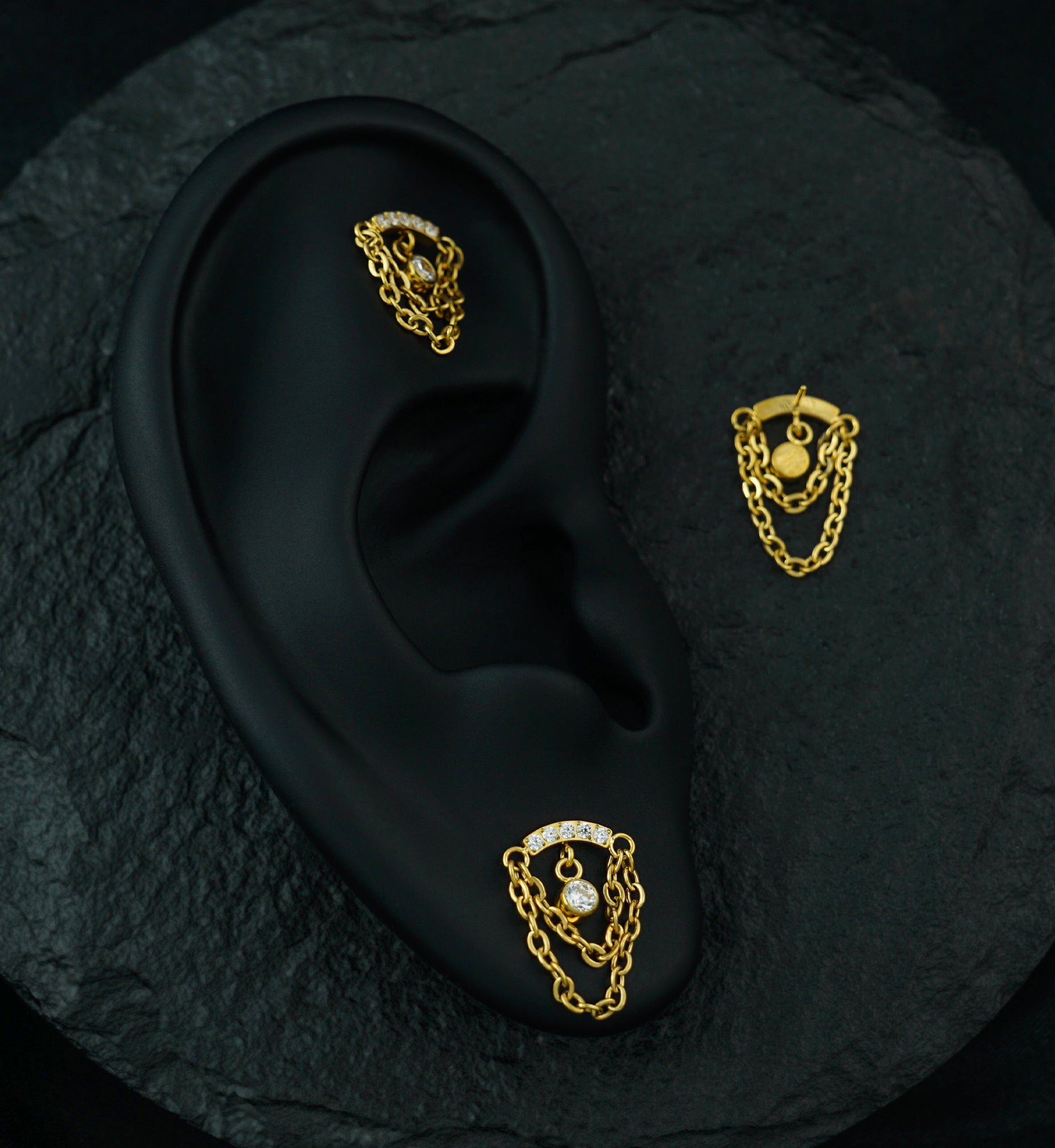 Gold PVD Arch Double Dangle Chain Clear CZ Threadless Titanium Top