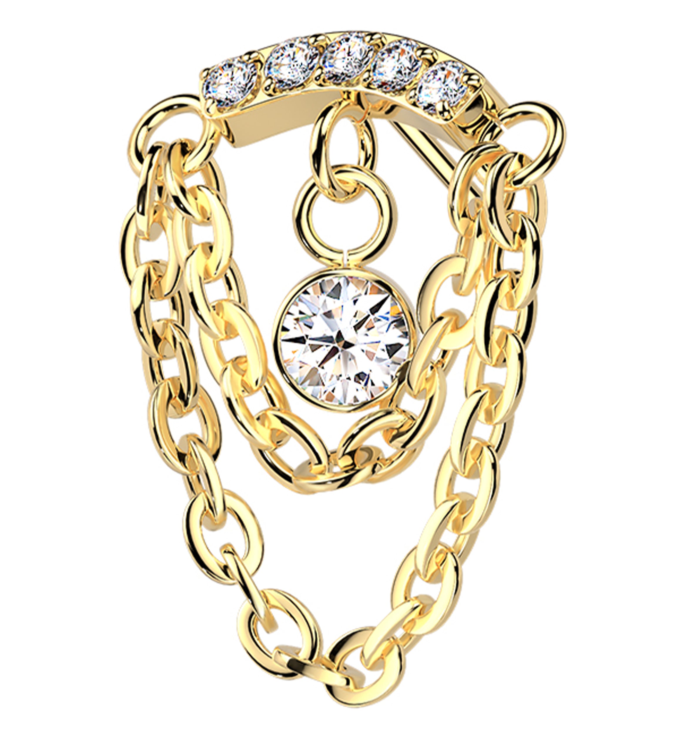 Gold PVD Arch Double Dangle Chain Clear CZ Threadless Titanium Top