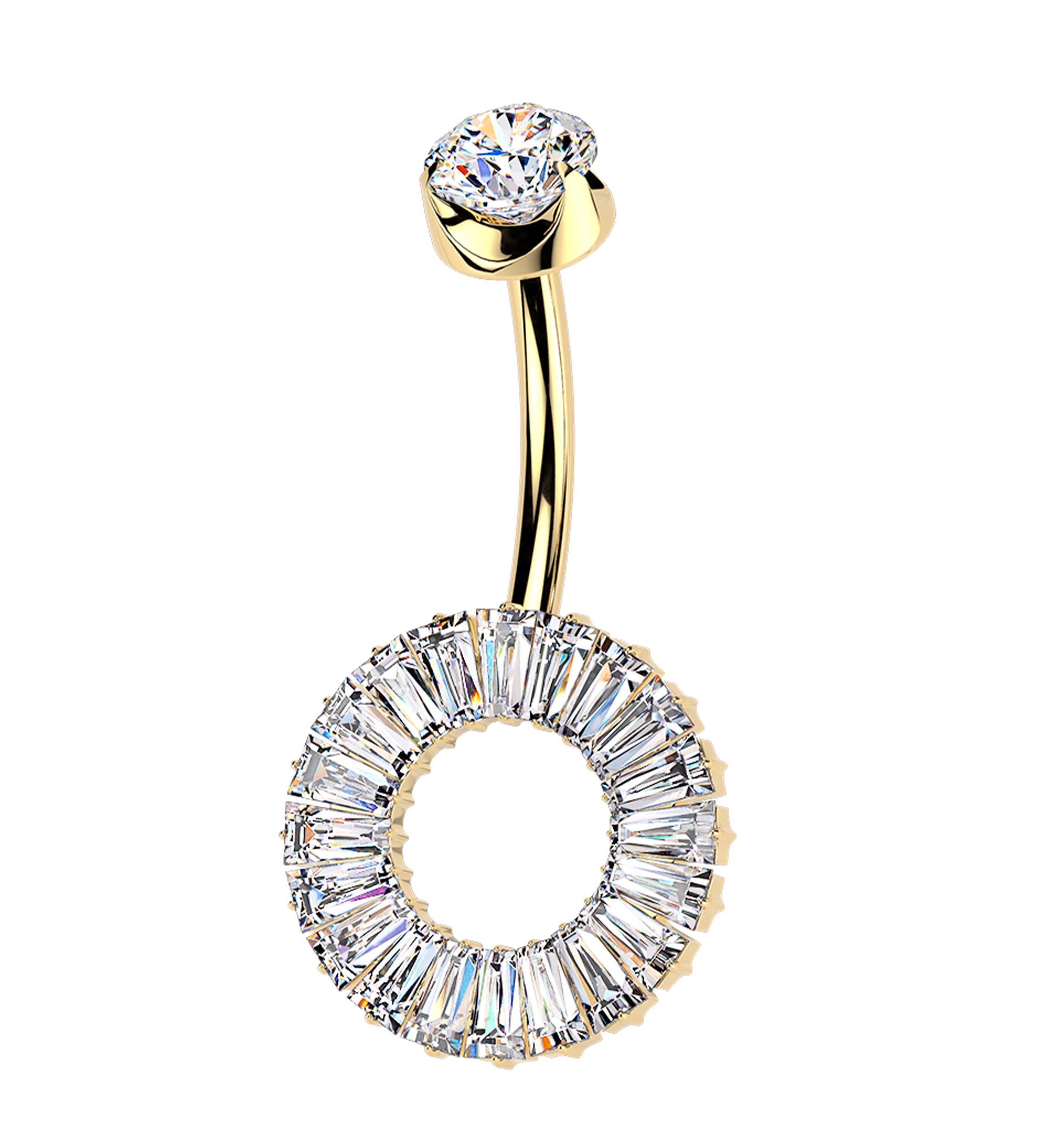 Gold PVD Baguette Circle Clear CZ Internally Threaded Titanium Belly Button Ring