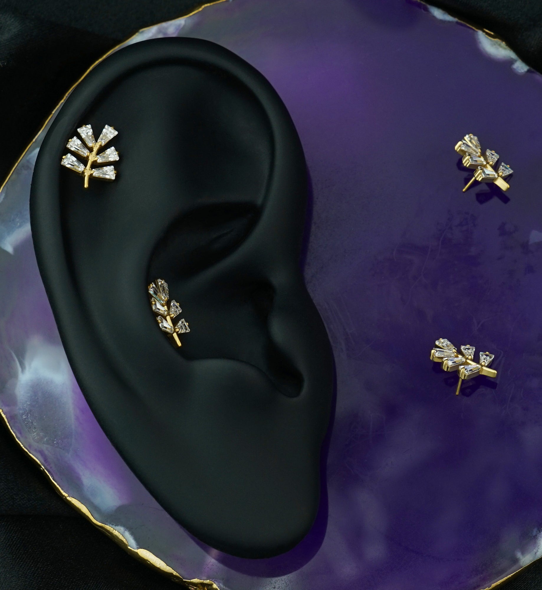 Gold PVD Baguette Leaf Clear CZ Titanium Threadless Top