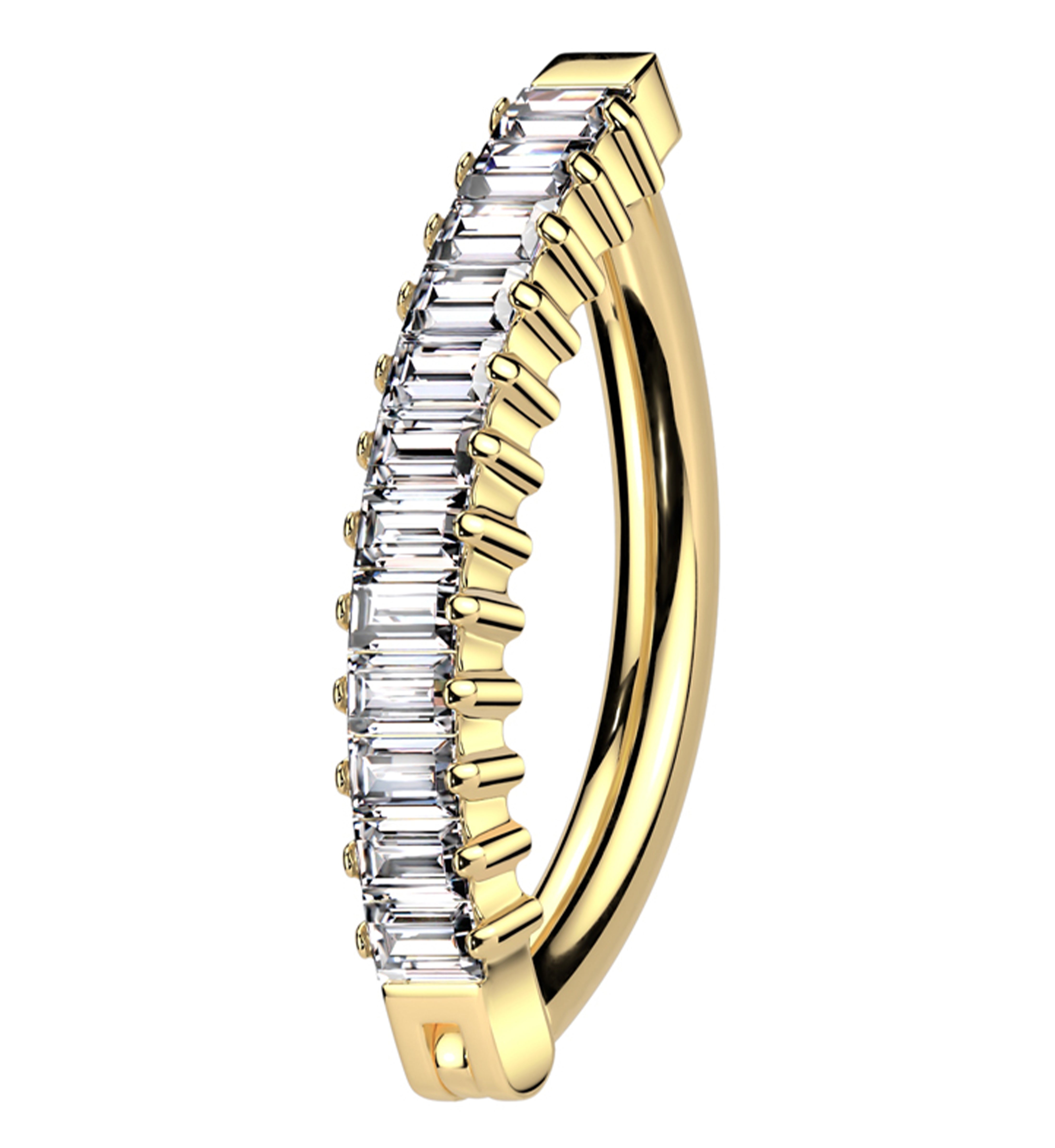 Gold PVD Baguette Clear CZ Row Titanium Hinged Belly Button Ring