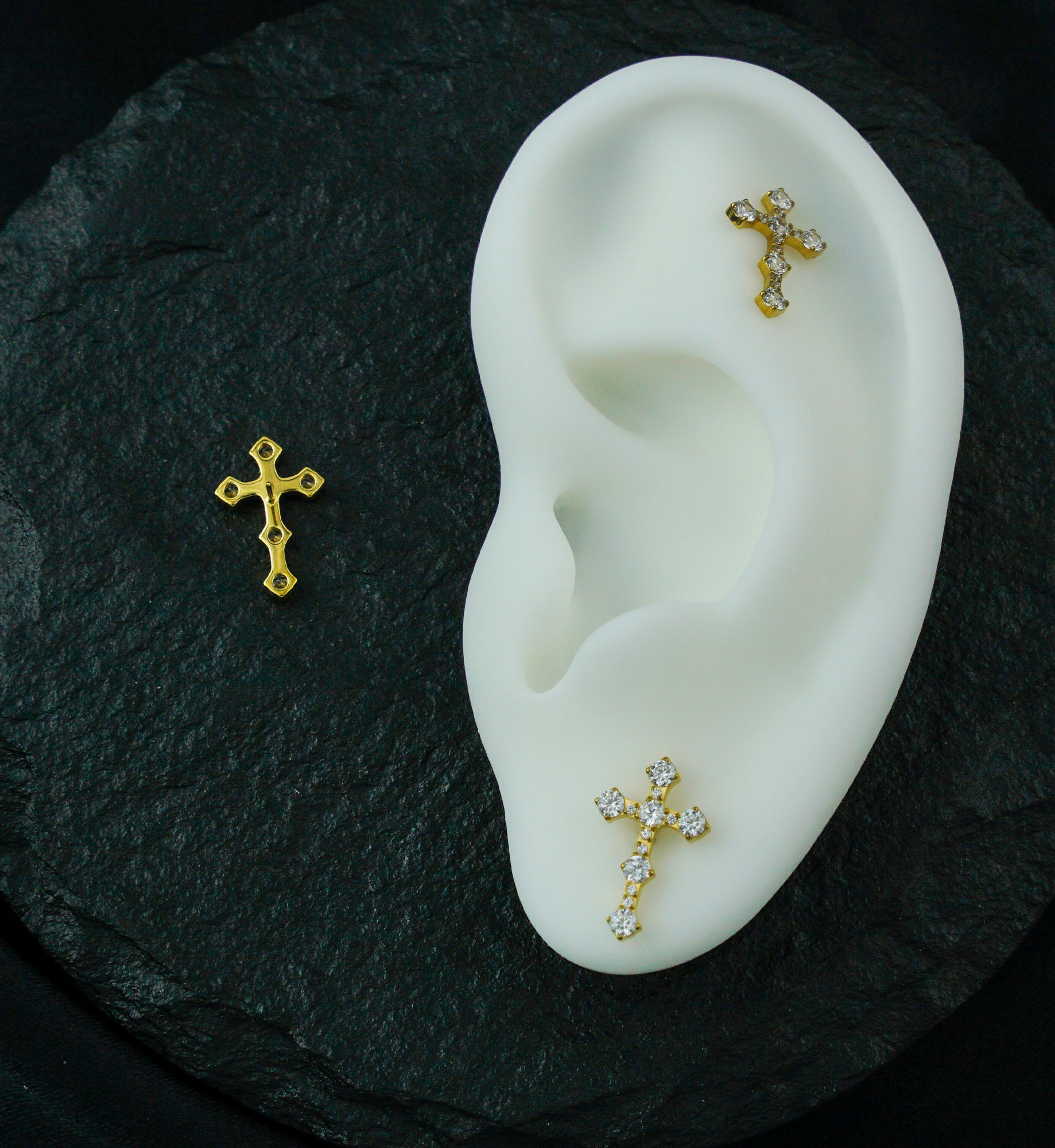 Gold PVD Baroque Cross Clear CZ Titanium Threadless Top