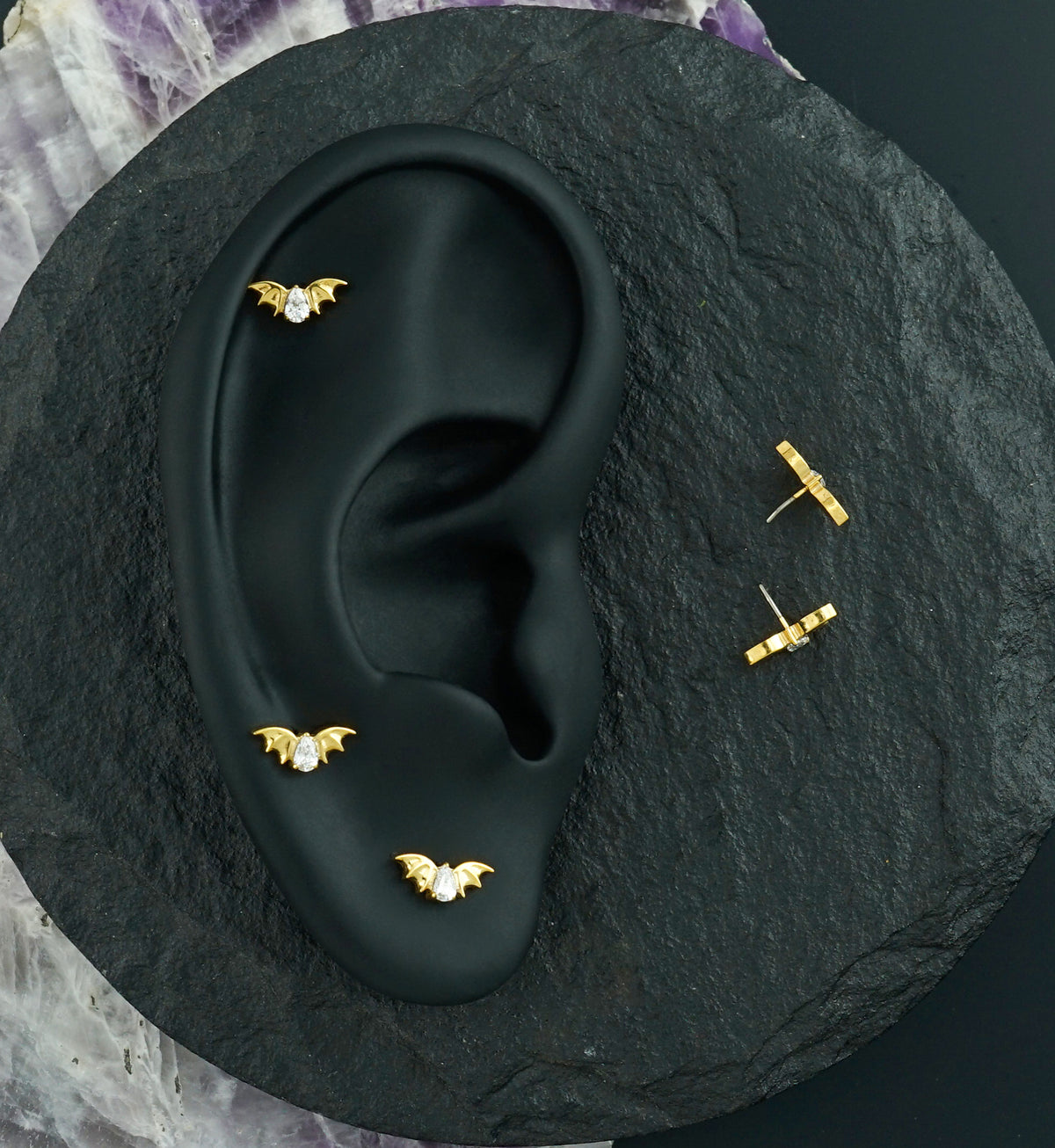 Gold PVD Bat Wings Teardrop Clear CZ Titanium Threadless Top