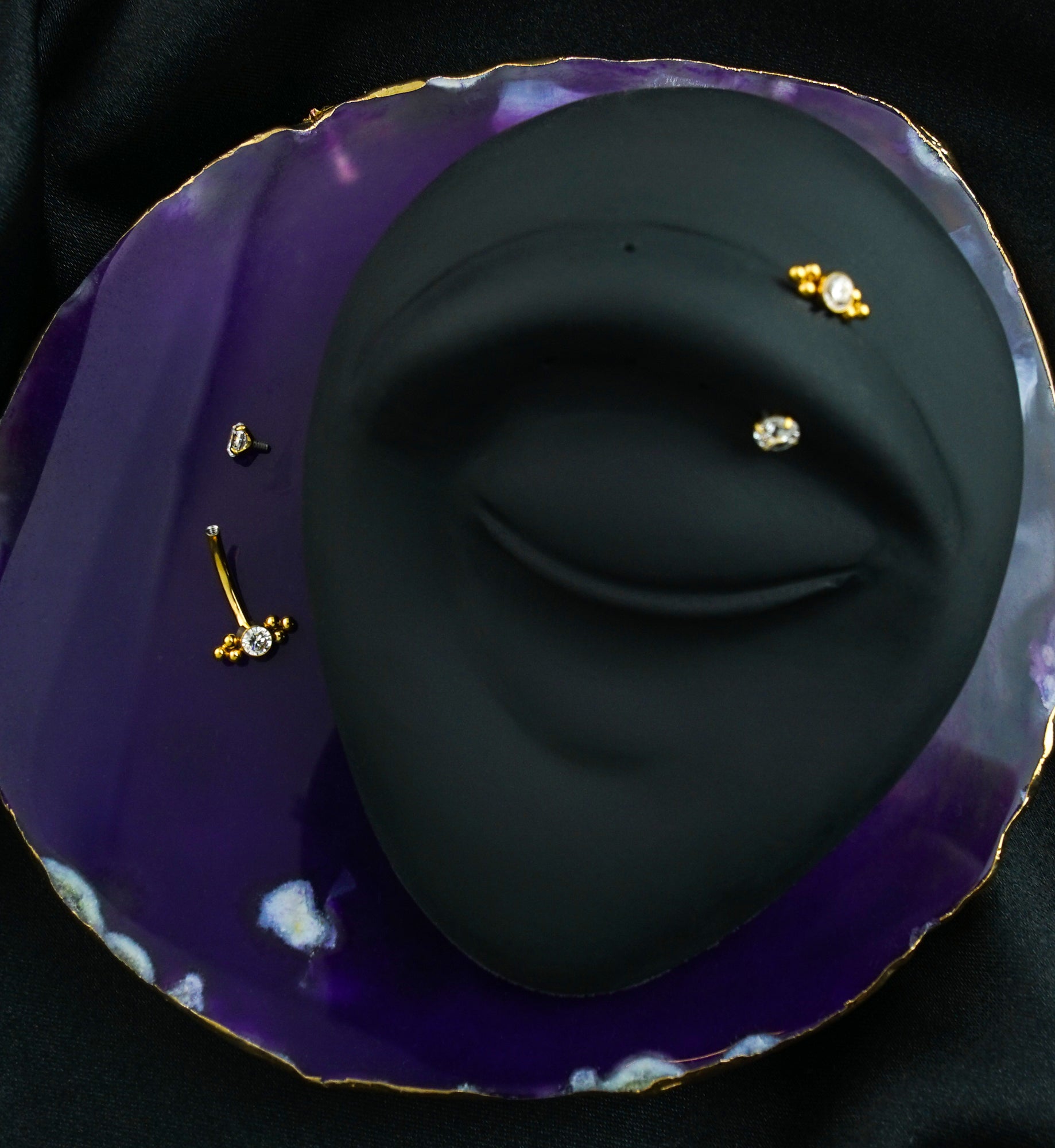 Gold PVD Beaded Bezel CZ Top With Prong CZ Bottom Internally Threaded Titanium Curved Barbell