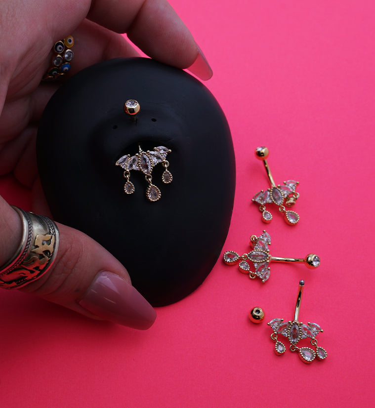 Gold PVD Beaded Chaplet Dangle Teardrop CZ Belly Button Ring