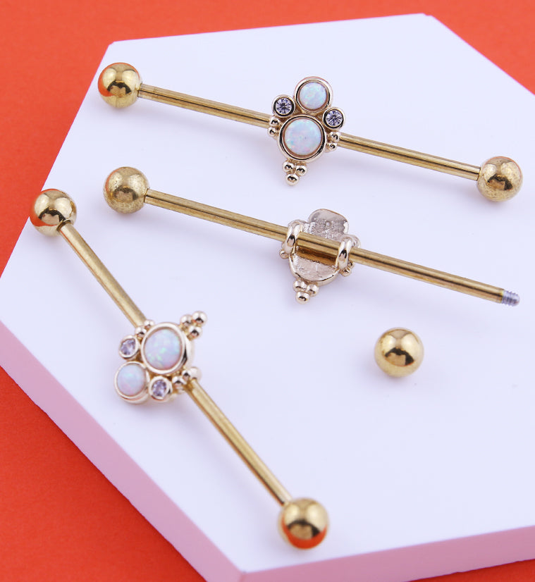 Gold PVD Beaded Double White Opalite Stainless Steel Industrial Barbell