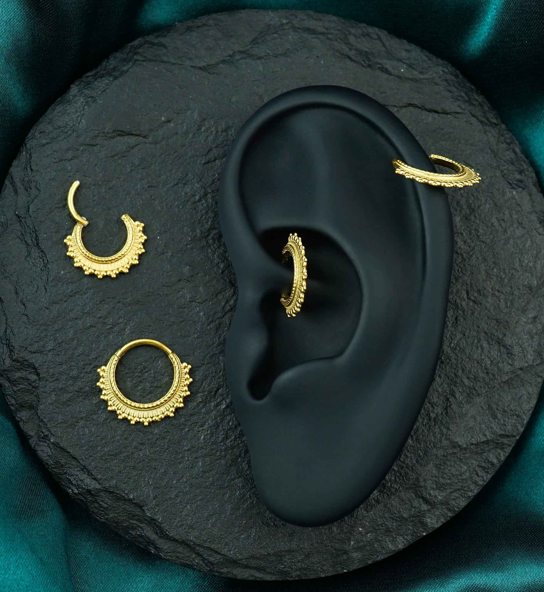 Gold PVD Beaded Ridge Stainless Steel Hinged Segment Ring