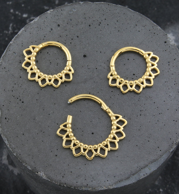 Gold PVD Beaded Sunflower Stainless Steel Hinged Segment Ring