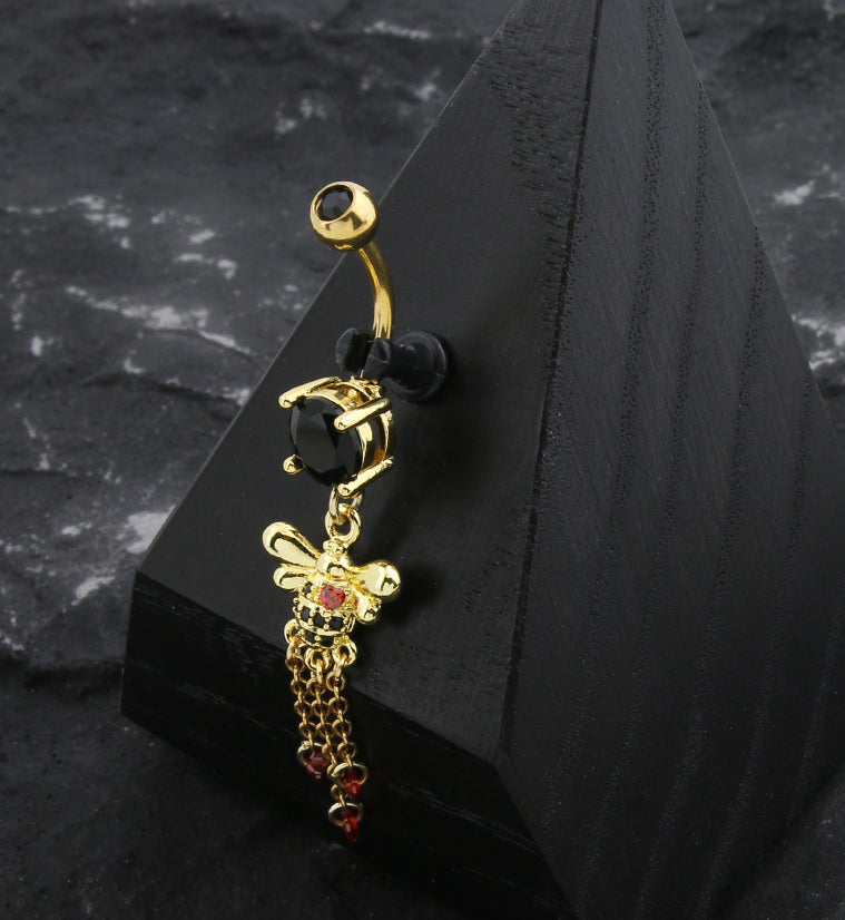 Gold PVD Bee Still My Heart Dangle Chain Stainless Steel Belly Button Ring